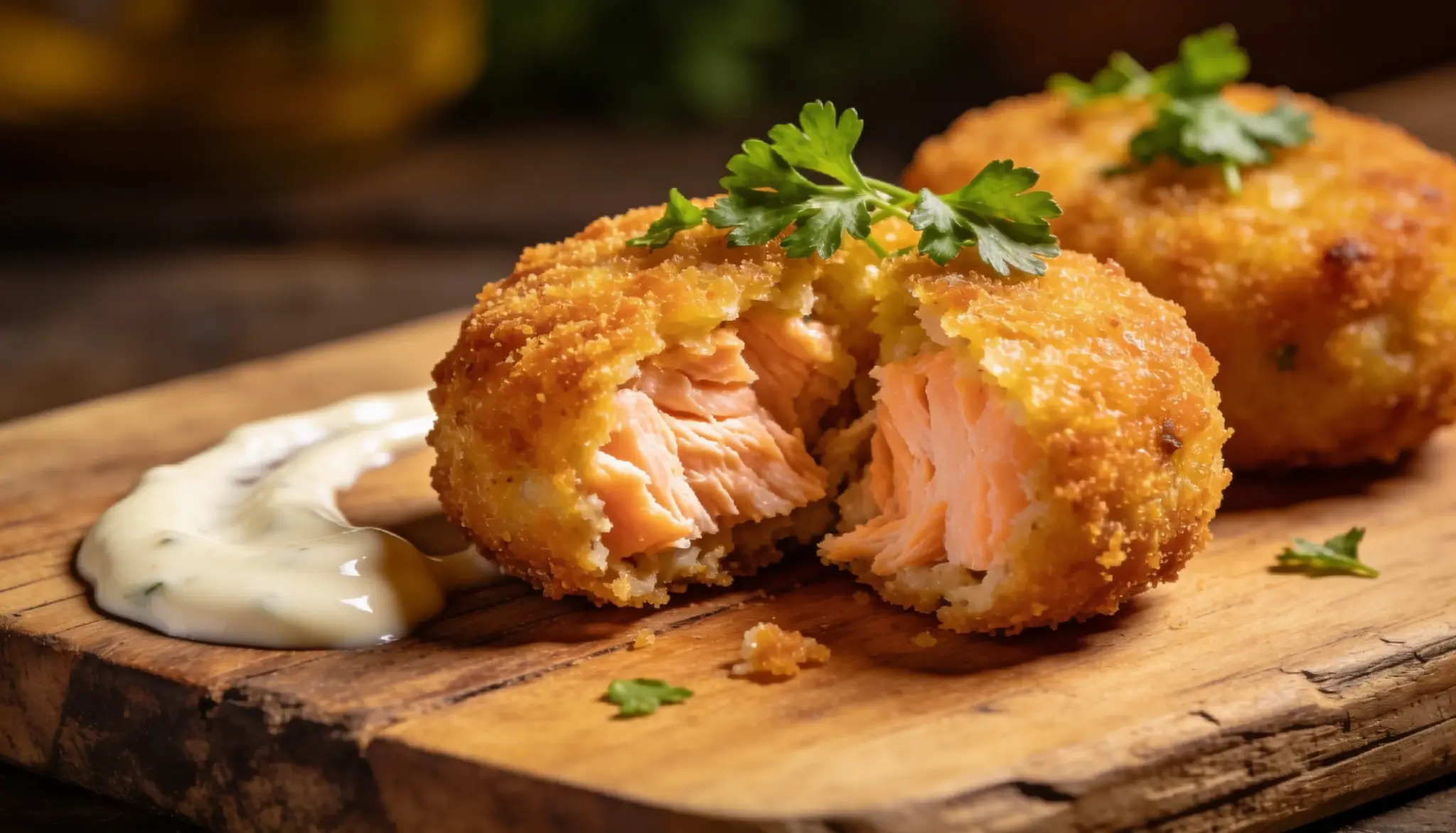 Two golden fish cakes topped with sauce placed on a rustic wooden cutting board.