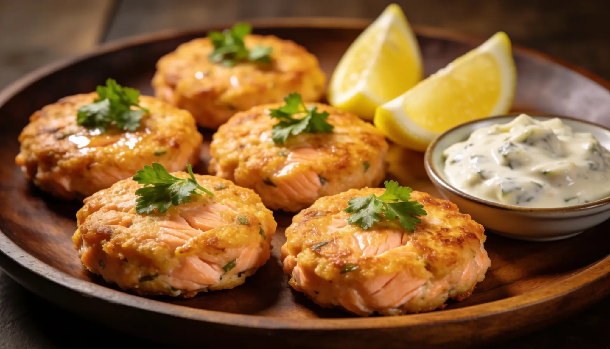 Browned salmon patties garnished with parsley on a wooden plate served with lemon wedges and a side of creamy tartar sauce creating a warm appetizing look