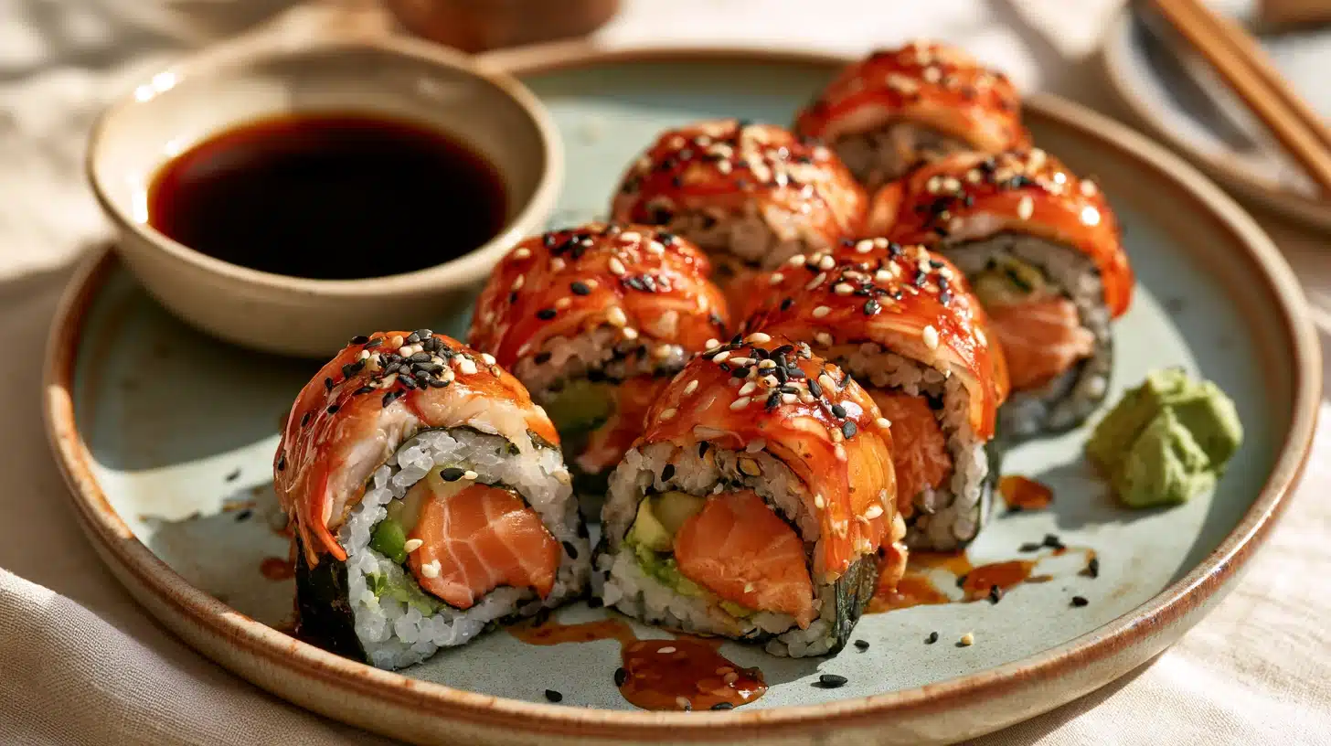 alaska roll sushi served with soy sauce and wasabi topped with sesame seeds on a ceramic plate in natural daylight