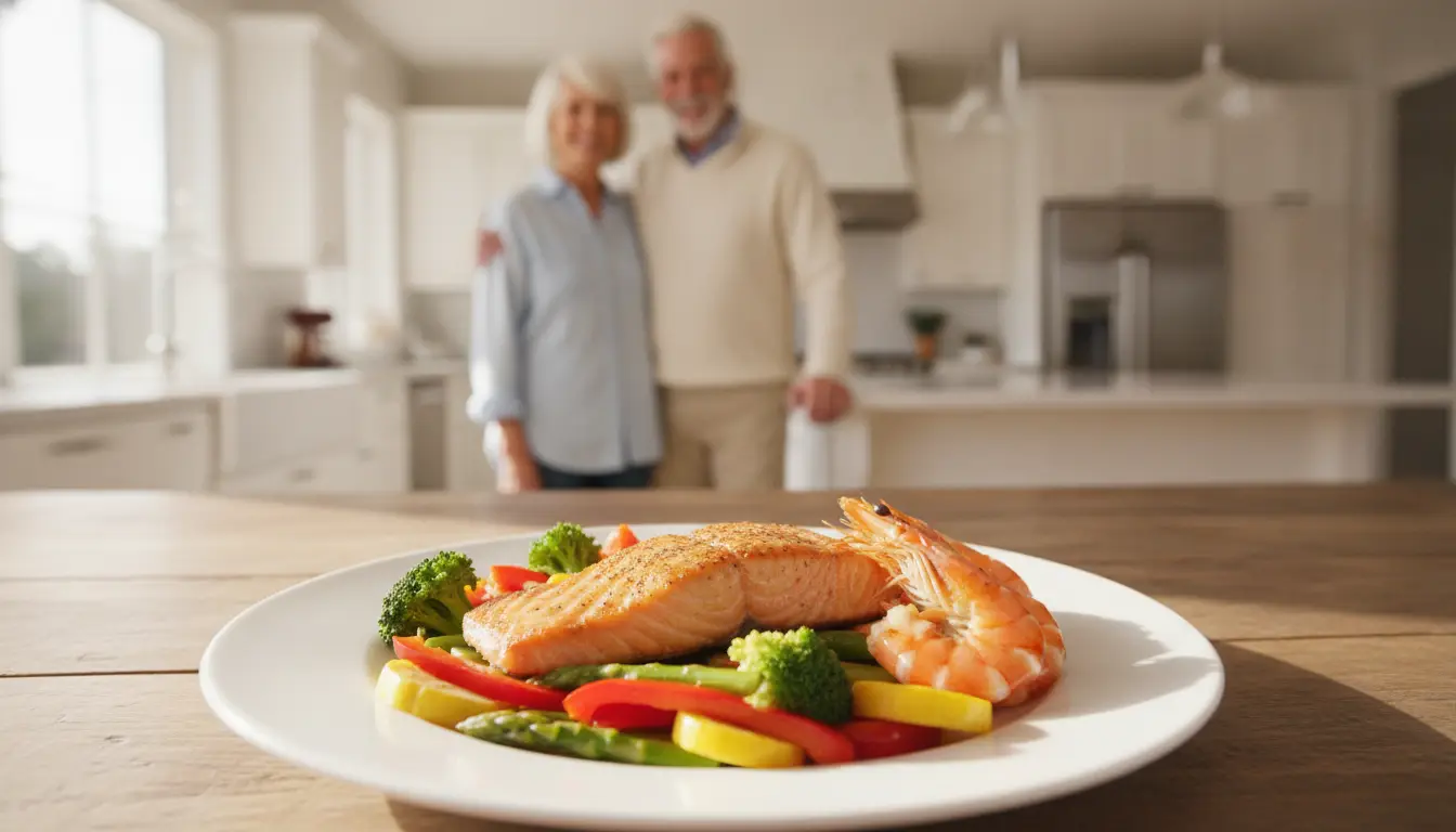 Grilled salmon and shrimp on plate with vegetables in bright kitchen setting