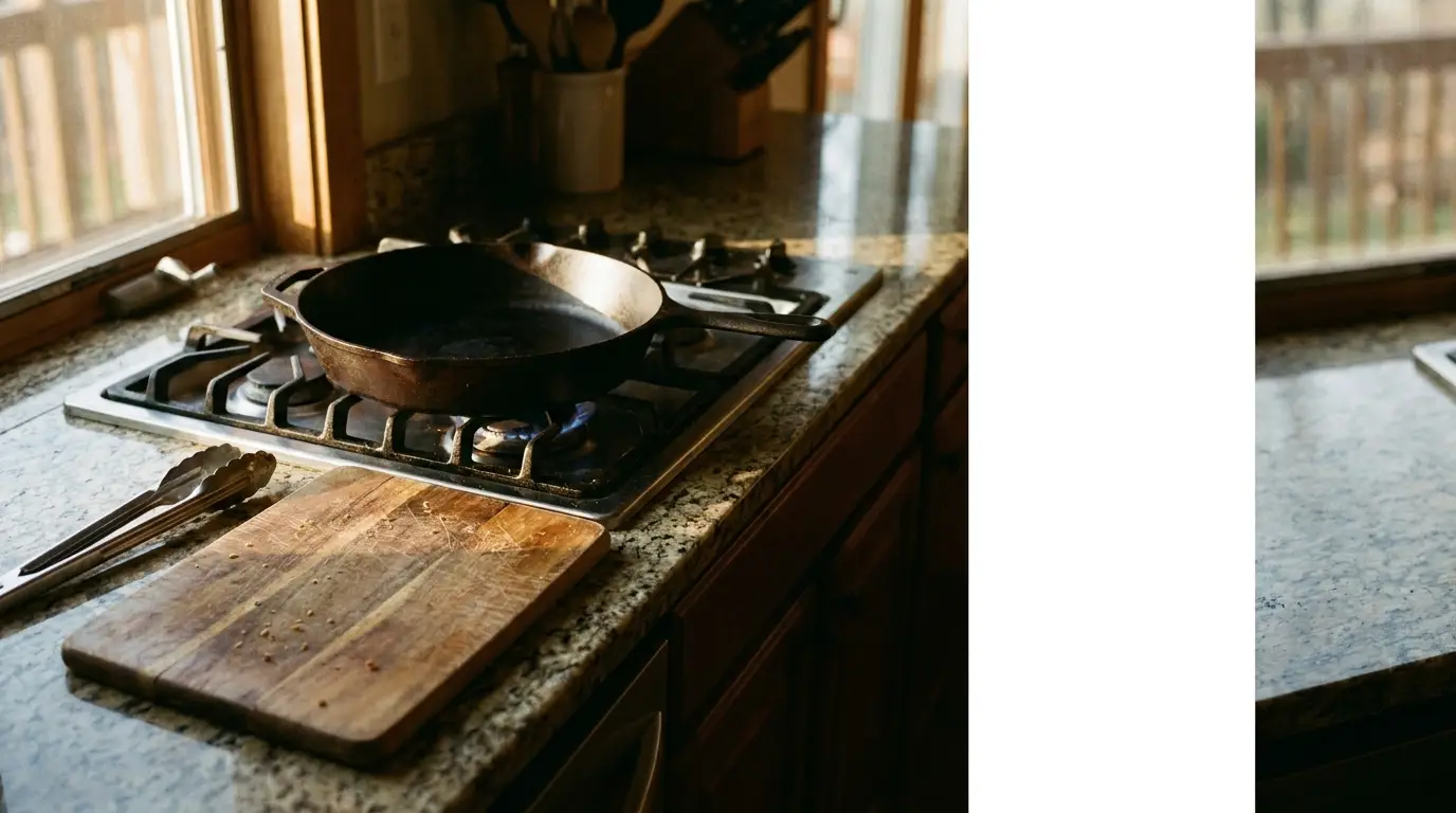 Cast iron skillet on gas stove beside wooden cutting board in sunlit kitchen