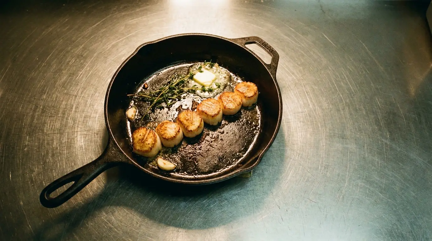 Seared scallops in a cast iron pan with butter and herbs on stainless steel surface