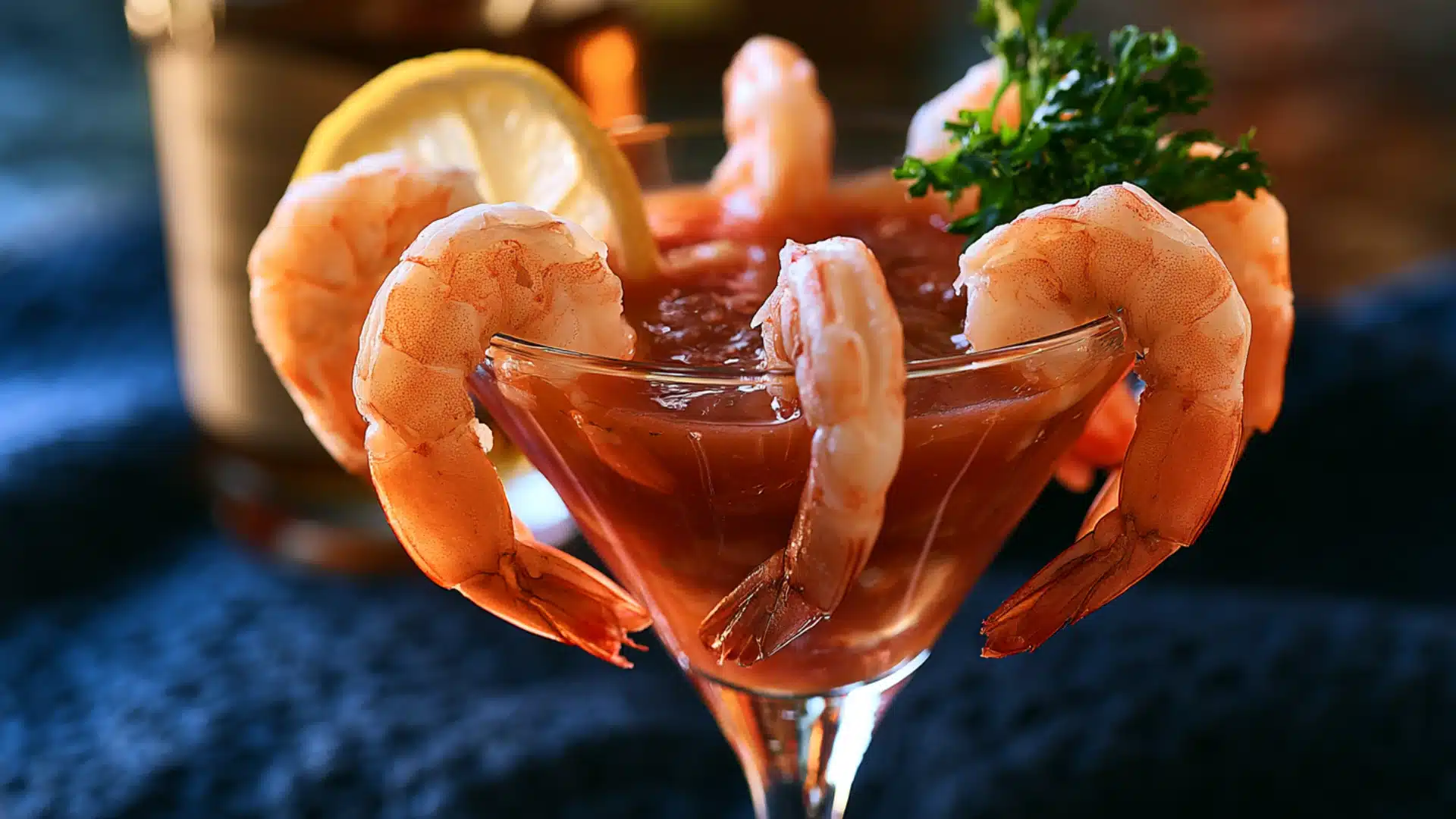Shrimp cocktail served in a martini glass with red cocktail sauce, lemon, and parsley garnish.