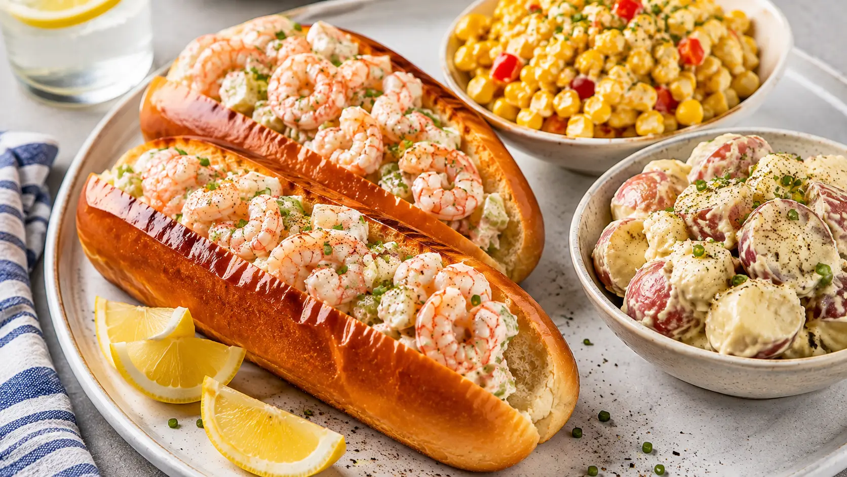 creamy shrimp rolls in toasted buns served with corn salad, potato salad, lemon wedges, and fresh chives
