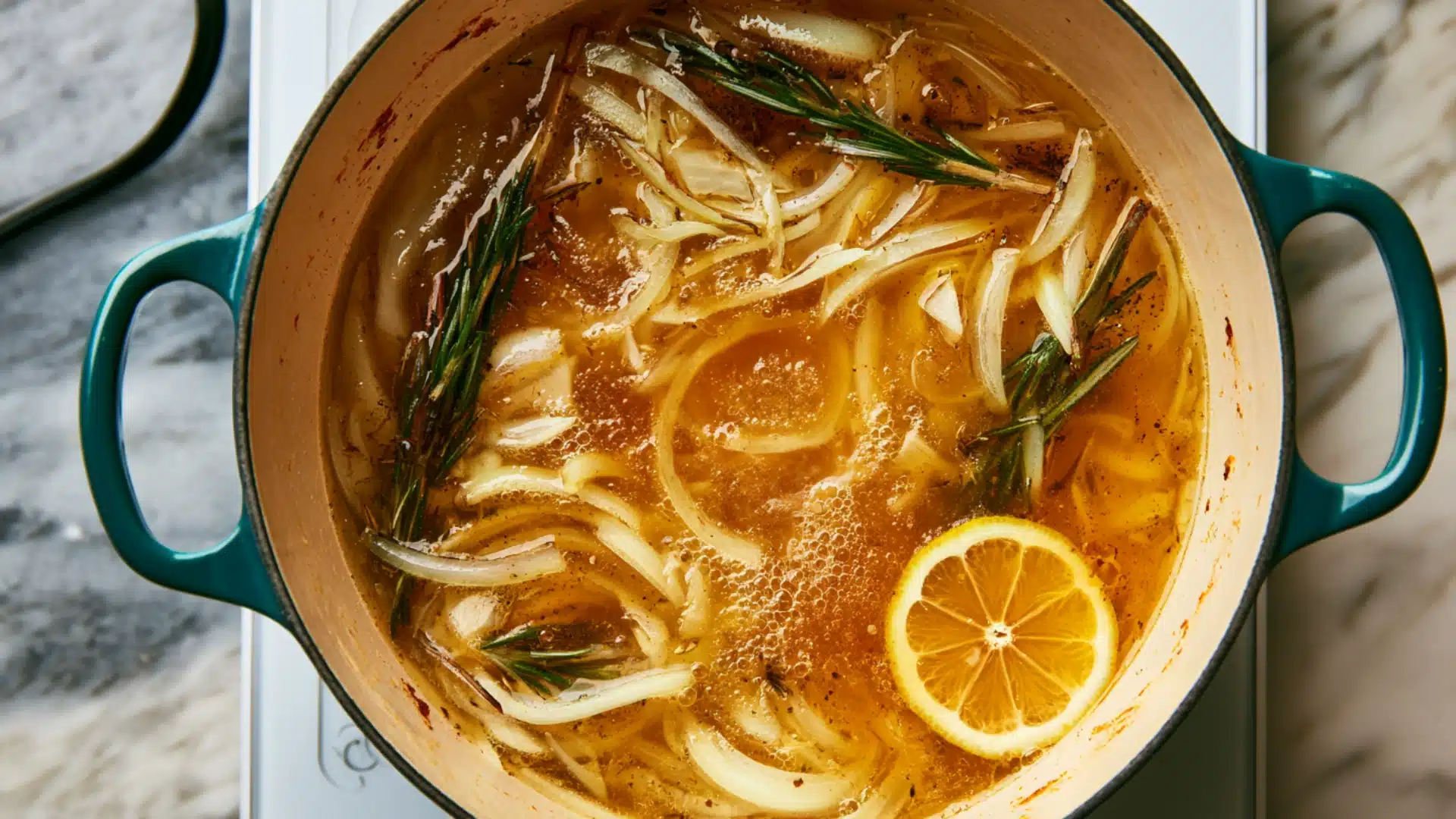 Simmering poaching liquid with sliced onions, rosemary, and lemon in a pot.