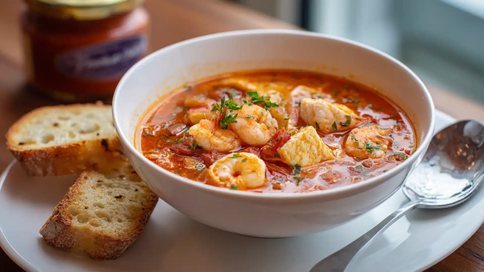 A bowl of seafood bouillabaisse with fish, shrimp and scallops served with toasted bread.