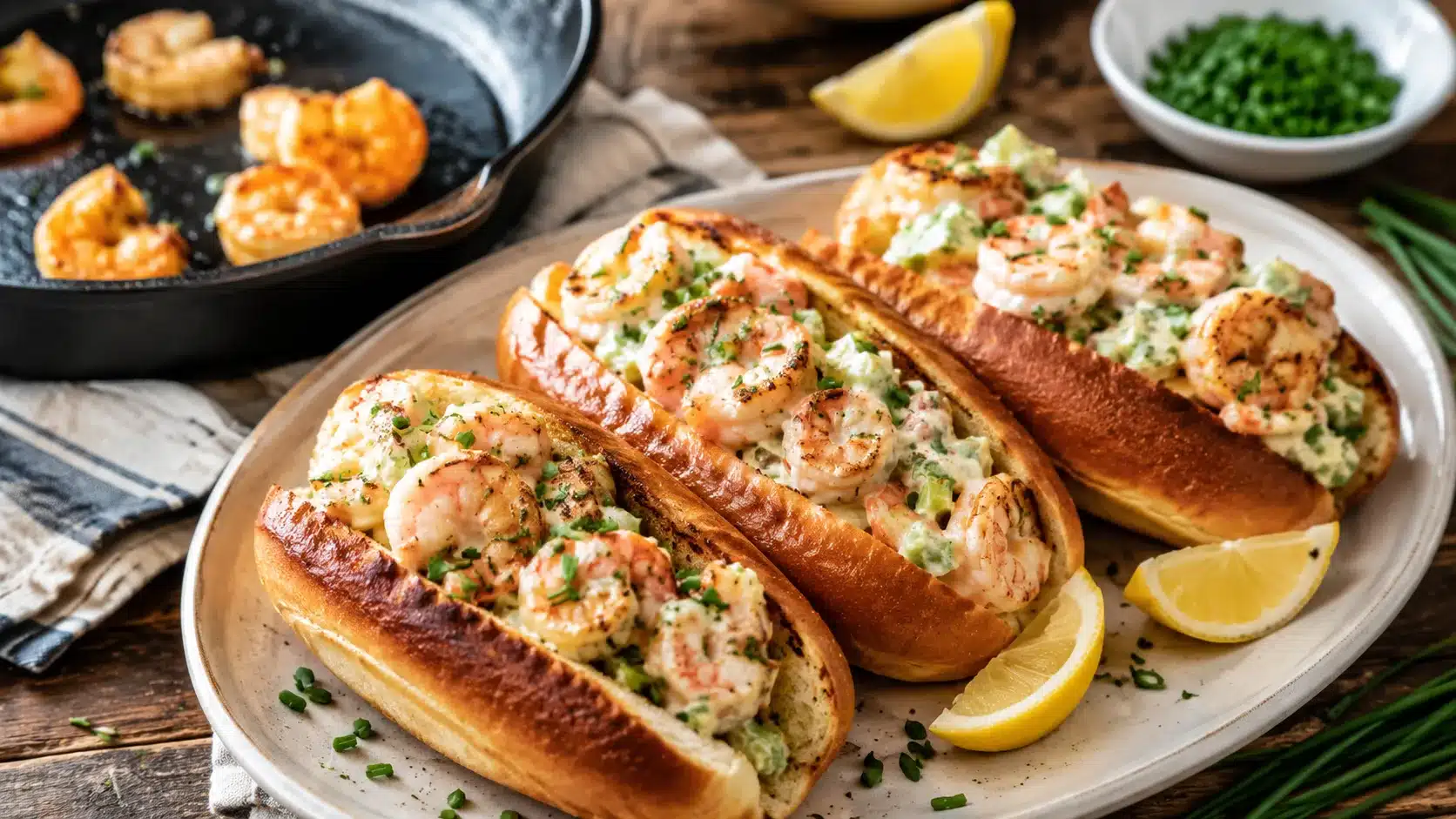 skillet shrimp rolls with butter-cooked shrimp, creamy celery dressing, toasted buns, chives, and lemon wedges