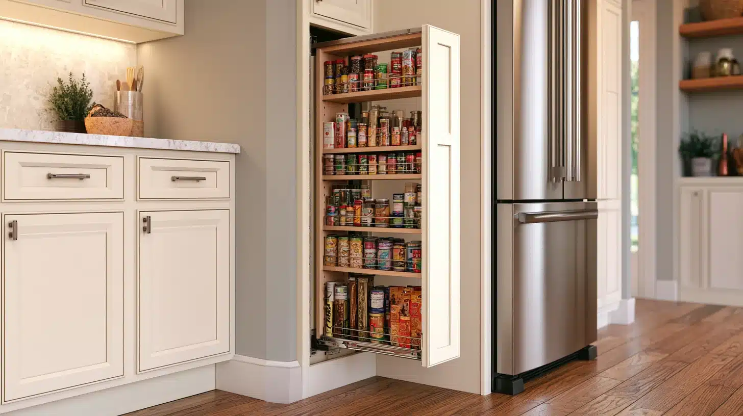 Slim pull out pantry beside a refrigerator filled with canned foods spices jars and packaged kitchen staple items