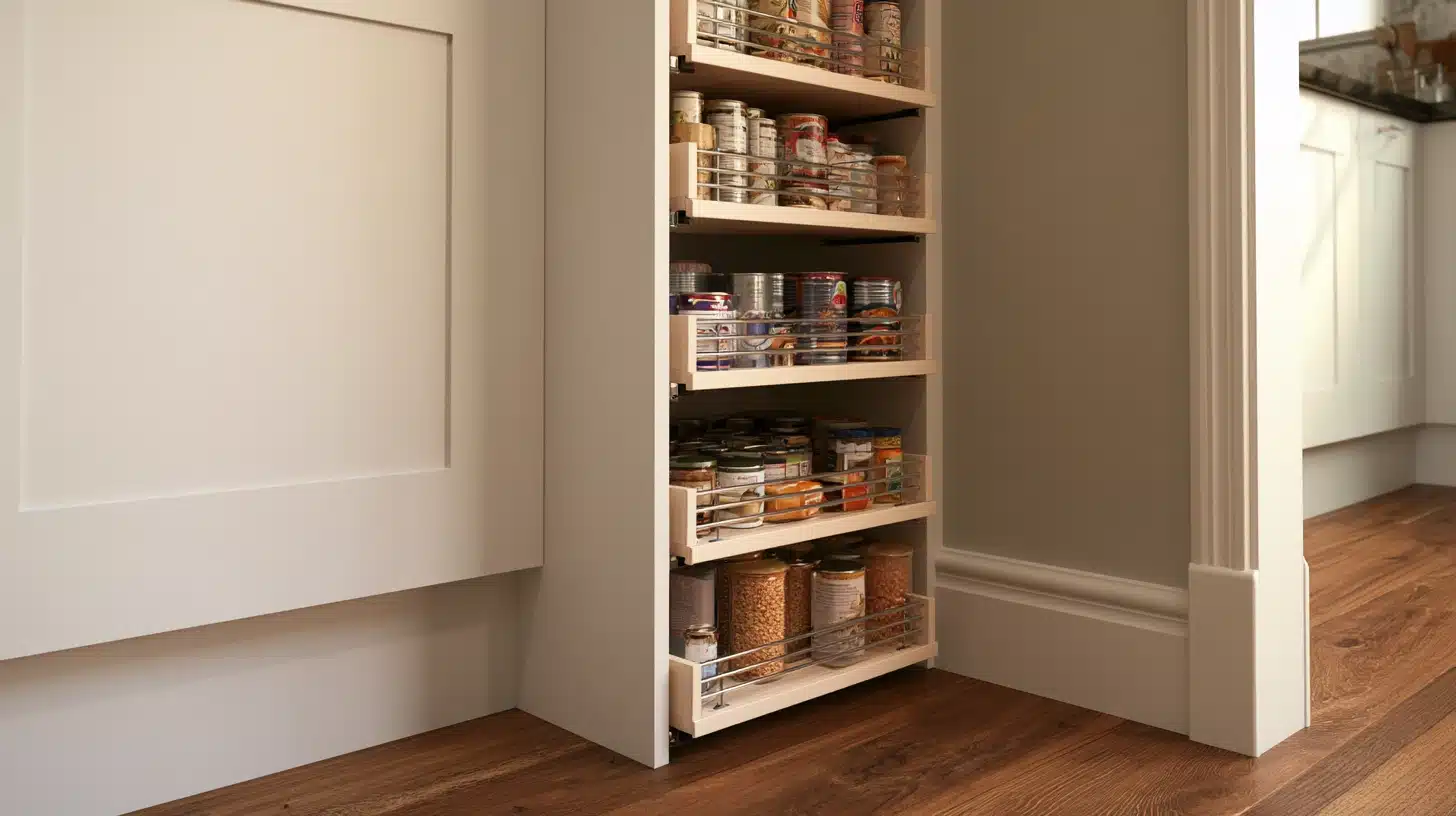 Slim pull out pantry shelves filled with canned goods jars and packaged foods beside a bright white kitchen doorway