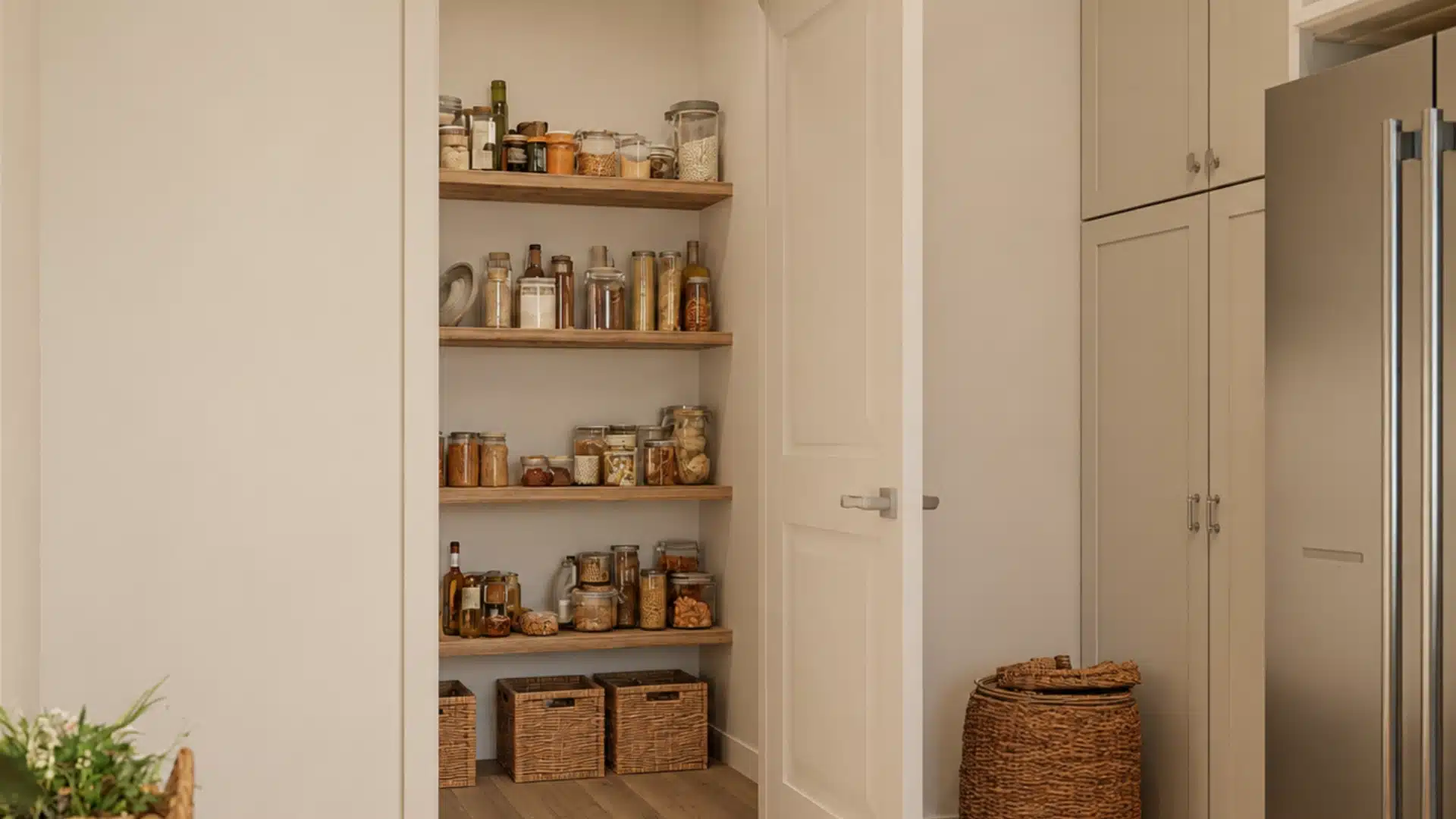 Small pantry alcove with wooden shelves clear jars woven baskets and light cabinets beside a stainless refrigerator