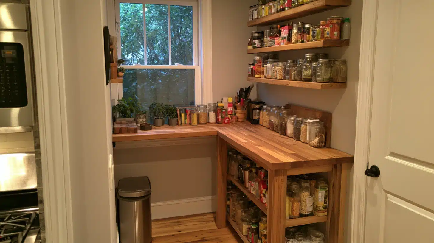 Small pantry with butcher block counters wooden shelves jars spices and storage arranged around a compact work area