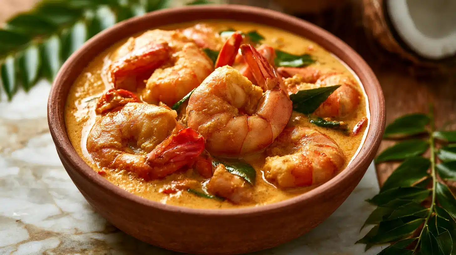 A bowl of South Indian prawn curry cooked in a rich coconut sauce with spices.