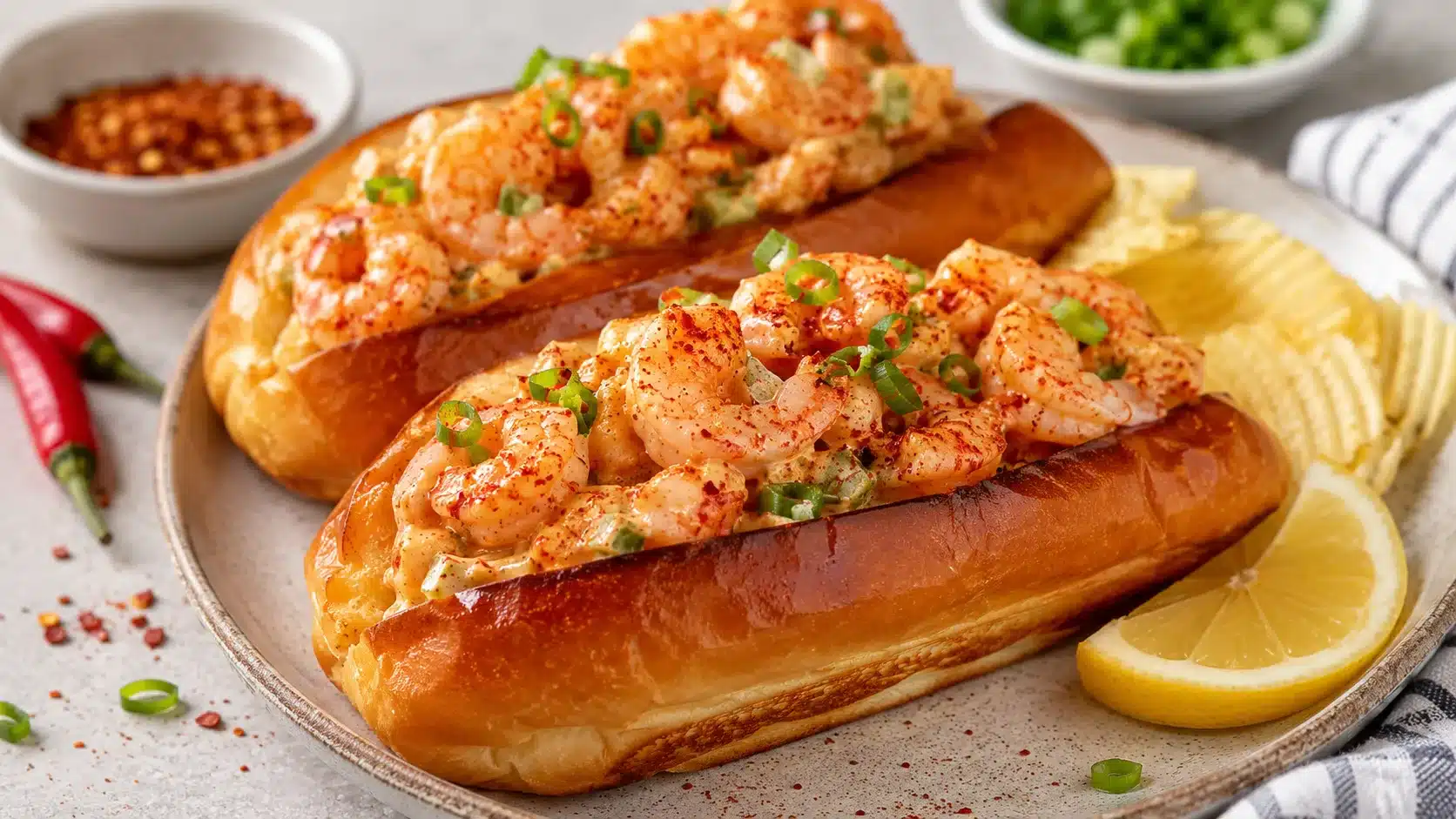 spicy shrimp rolls in toasted buns with chili flakes, scallions, lemon, potato chips, and red peppers