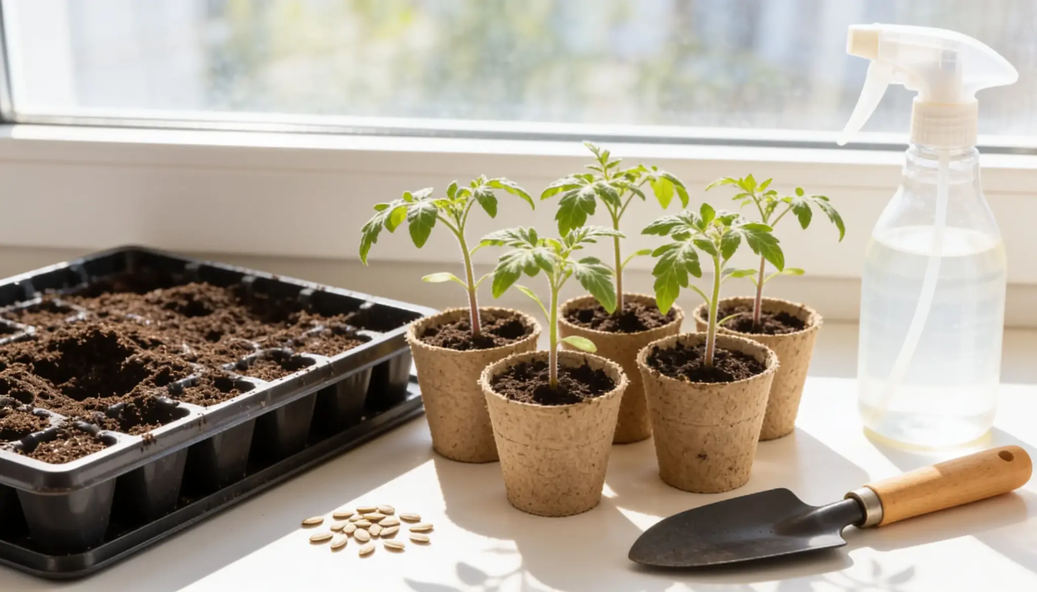 Young tomato seedlings grow in peat pots on a windowsill next to a seed tray watering can and trowel