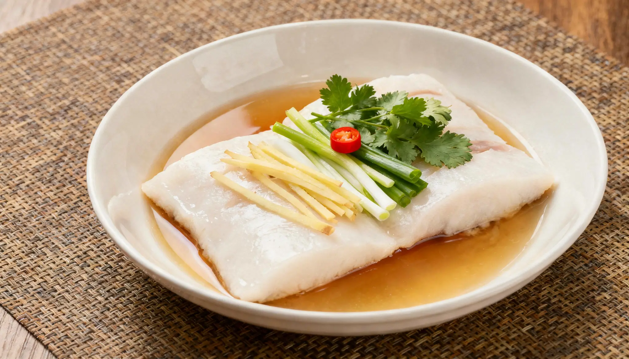 Steamed white fish fillet in broth with julienned ginger, scallions, cilantro, and a slice of red chili.