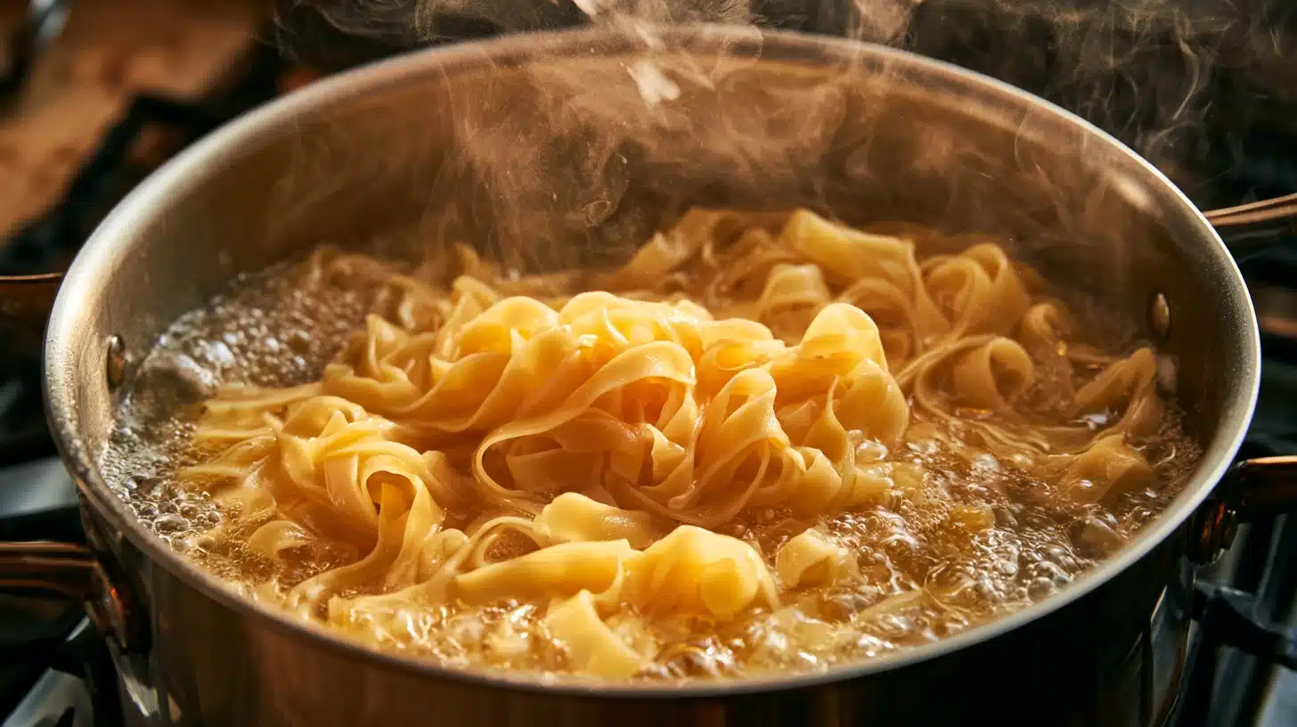 Wide egg noodles boiling in a stainless steel pot with bubbling water and visible steam rising over the kitchen stovetop
