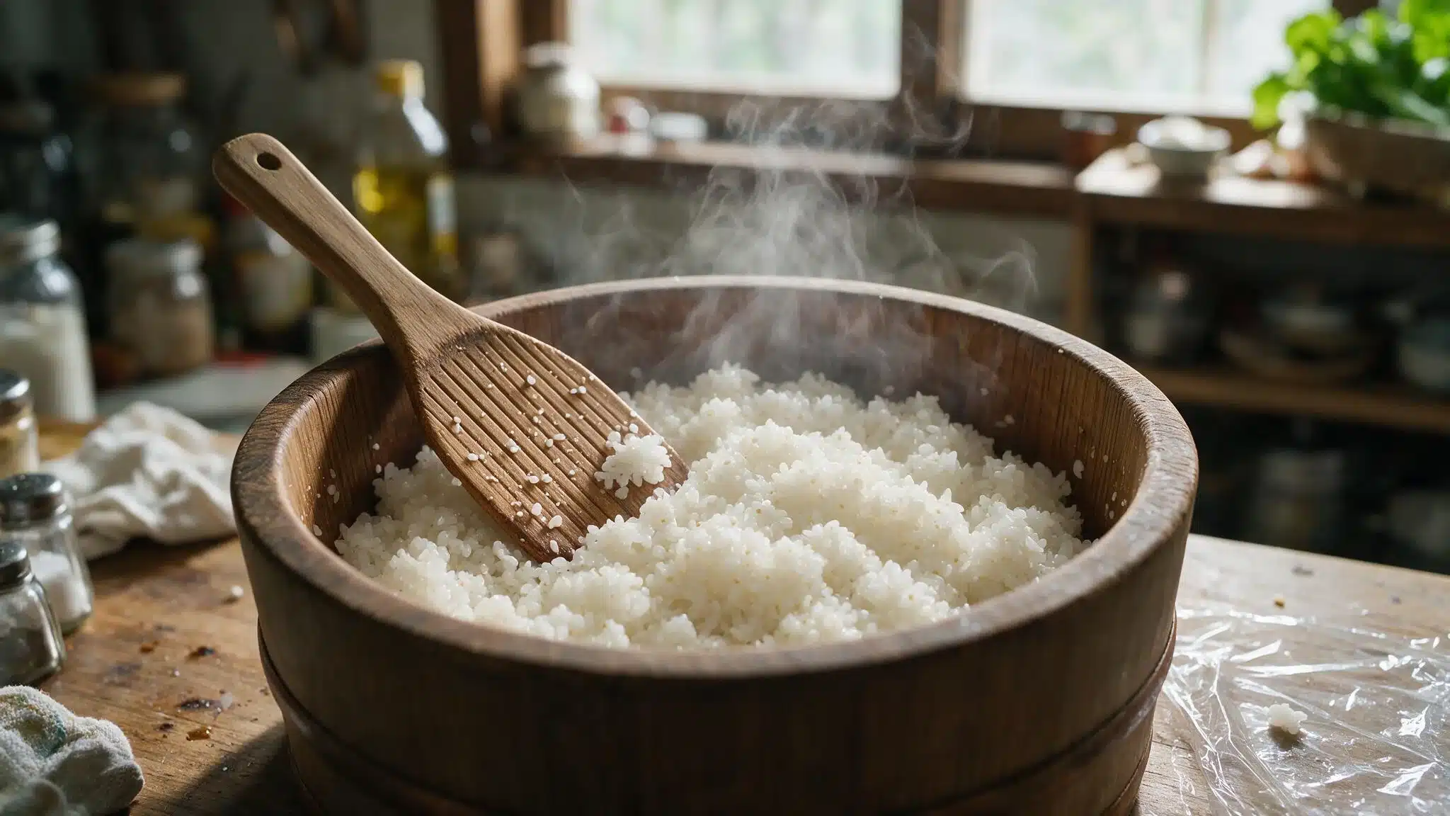 Steaming sushi rice in a wooden bowl with a rice paddle resting inside on a rustic kitchen counter in natural light
