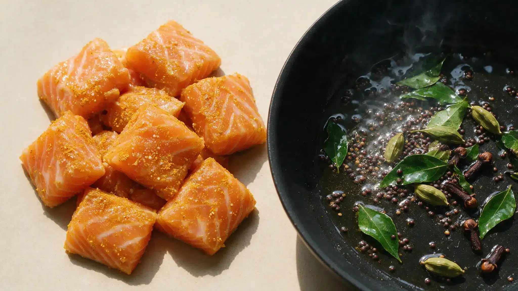 Salmon chunks seasoned with turmeric beside toasted curry leaves and whole spices