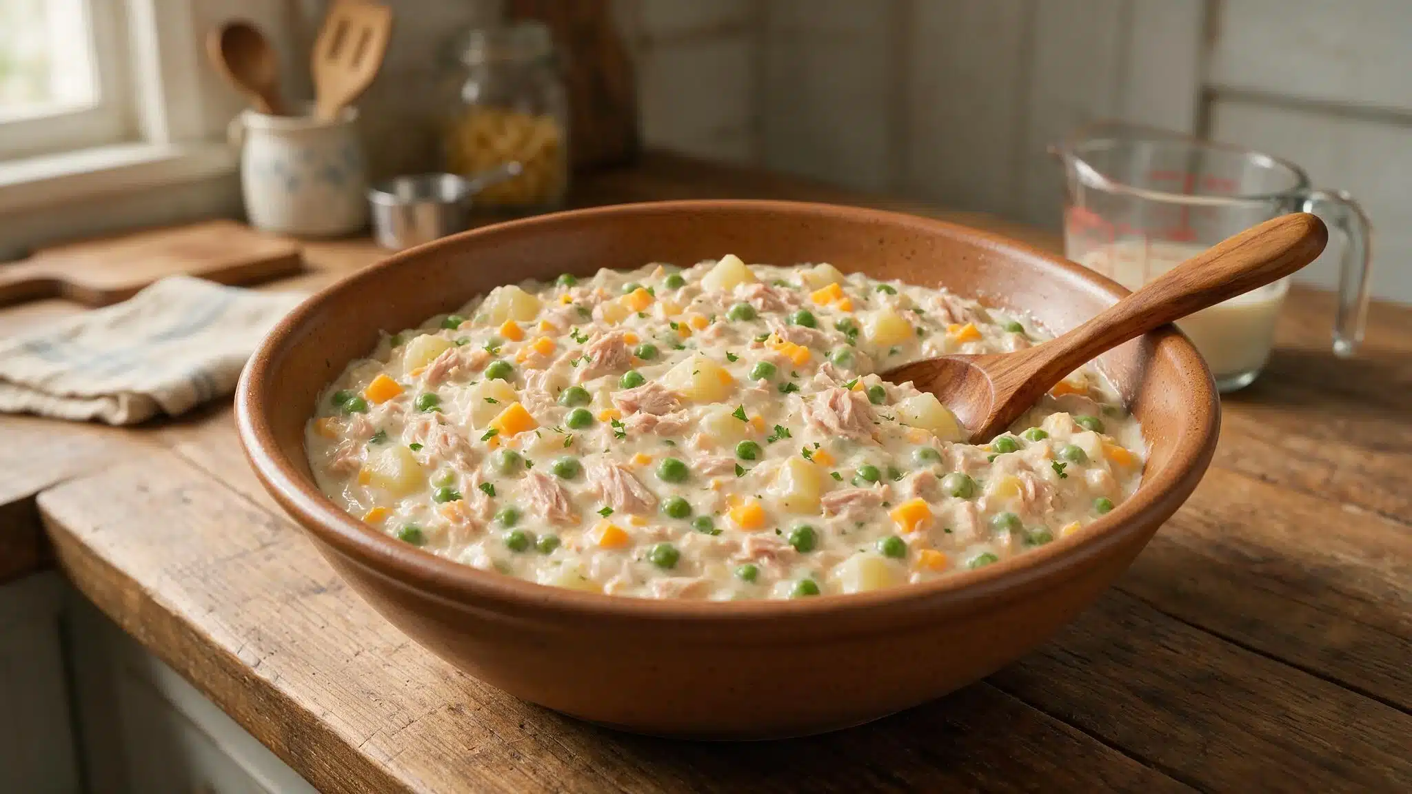 Creamy tuna mixture with peas carrots and potatoes in a brown bowl beside a measuring jug on a wooden counter