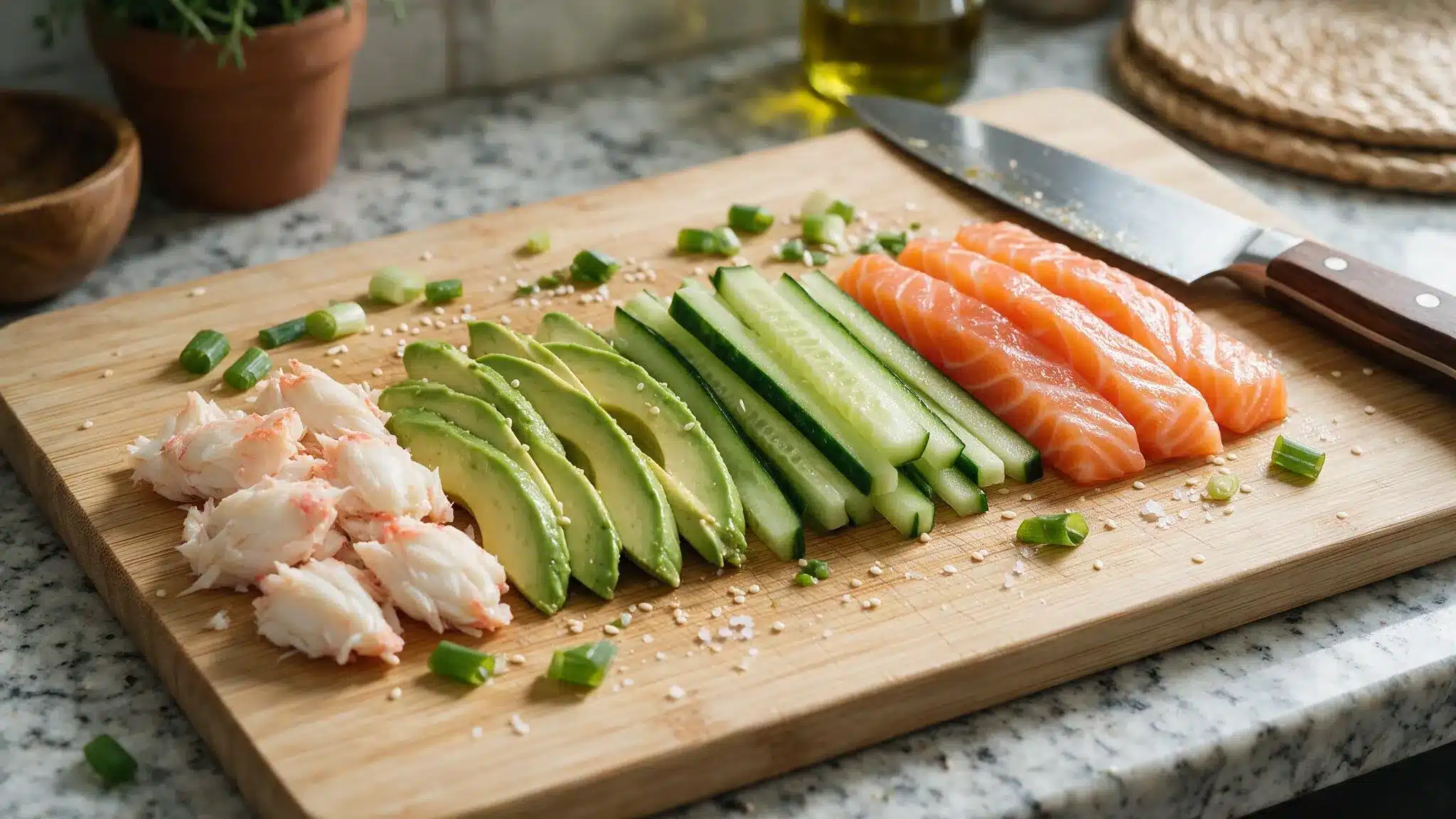 Crab avocado cucumber and fresh salmon arranged in neat rows on a wooden cutting board with a kitchen knife nearby