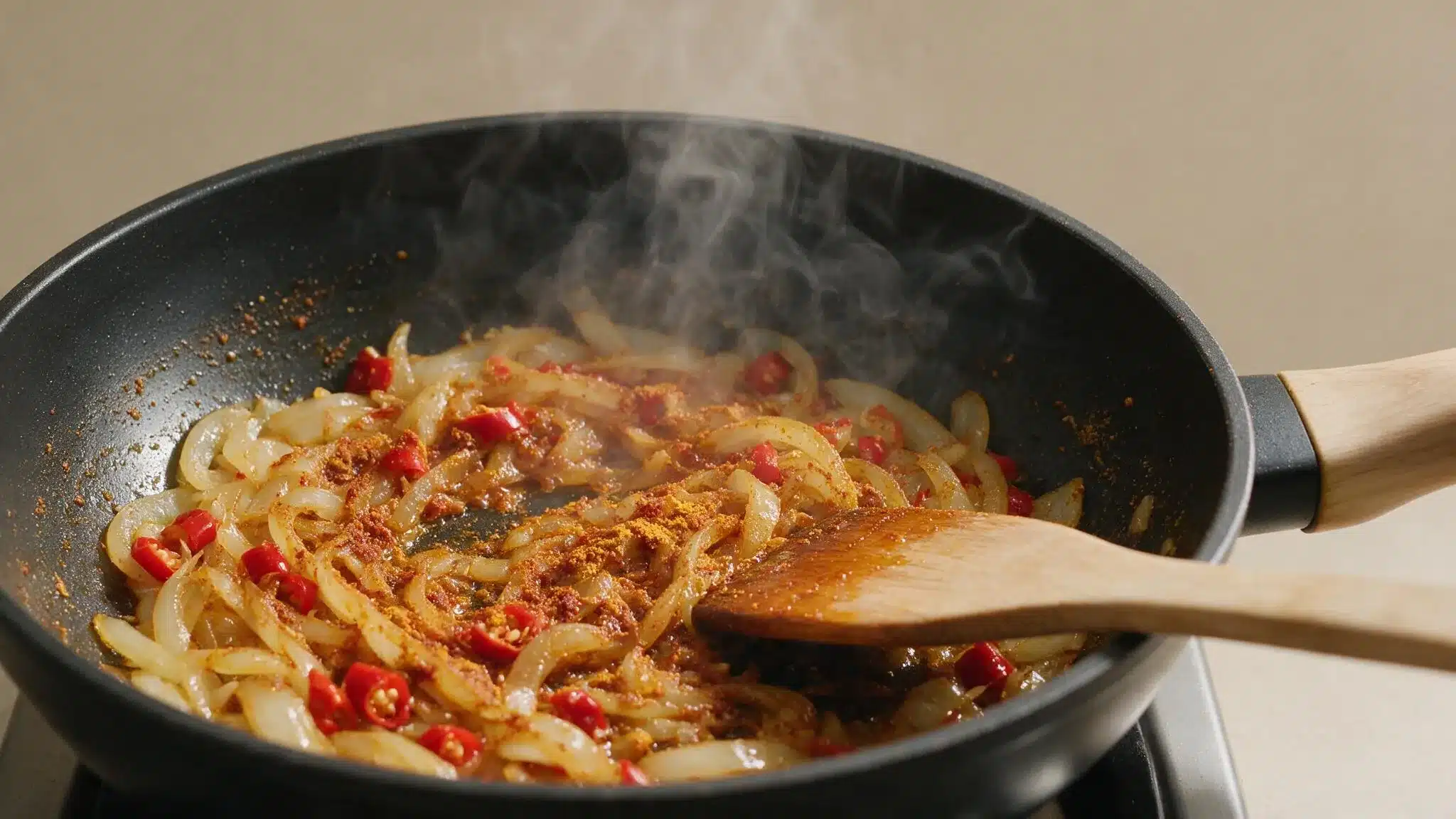 Onions and red chilies cooking with curry spices in a frying pan
