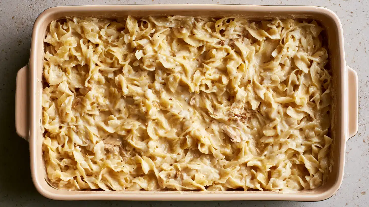 Creamy tuna noodles spread evenly in a rectangular baking dish viewed from above on a clean light kitchen surface