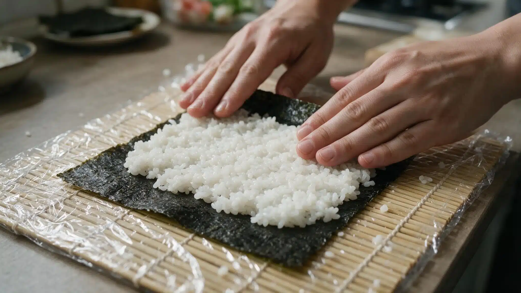 Hands spreading sushi rice evenly over a nori sheet placed on a plastic wrapped bamboo rolling mat in a home kitchen