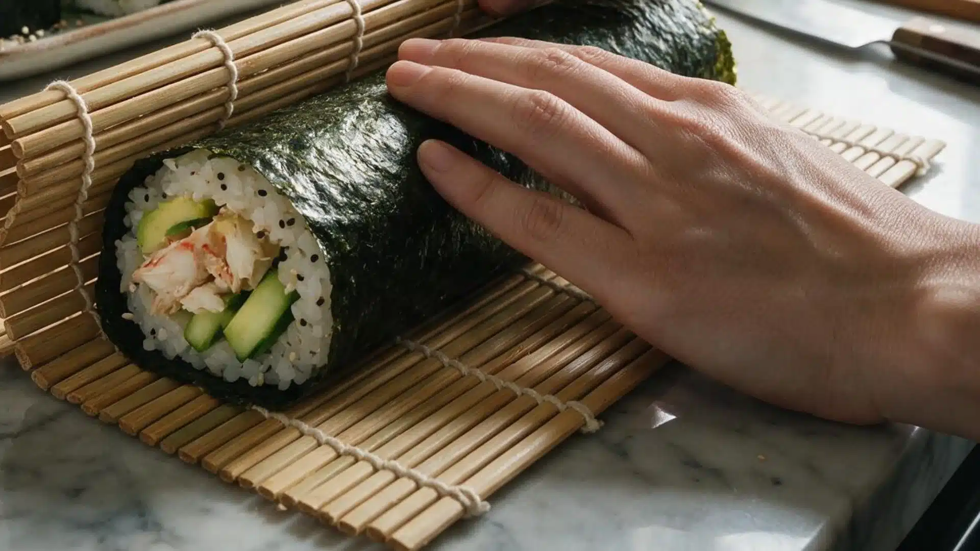 Hands shaping a nori sushi roll with crab avocado cucumber and rice on a bamboo rolling mat in a bright home kitchen