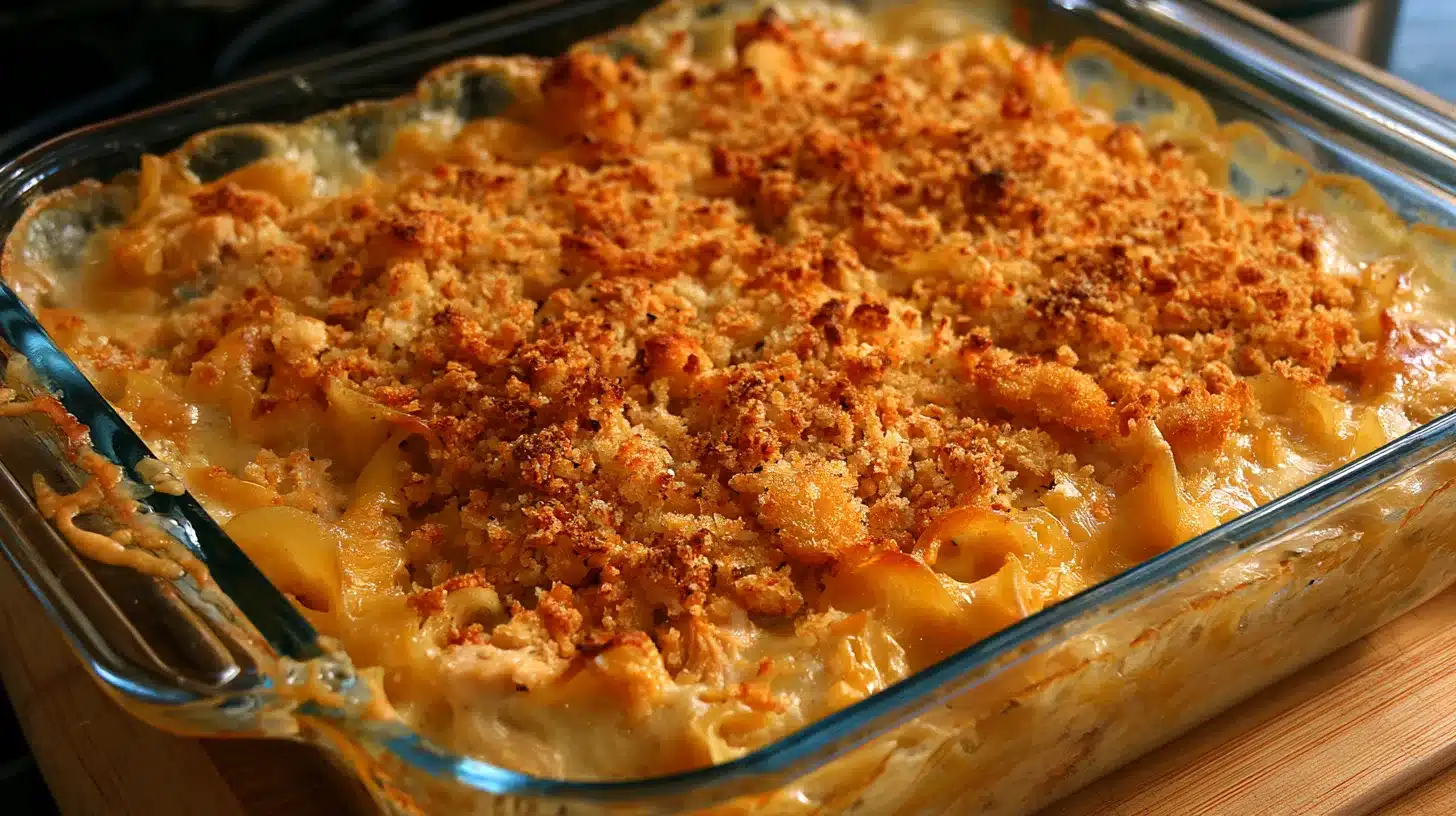 Golden tuna noodle casserole with crisp breadcrumb topping baked in a clear glass dish resting on a wooden board