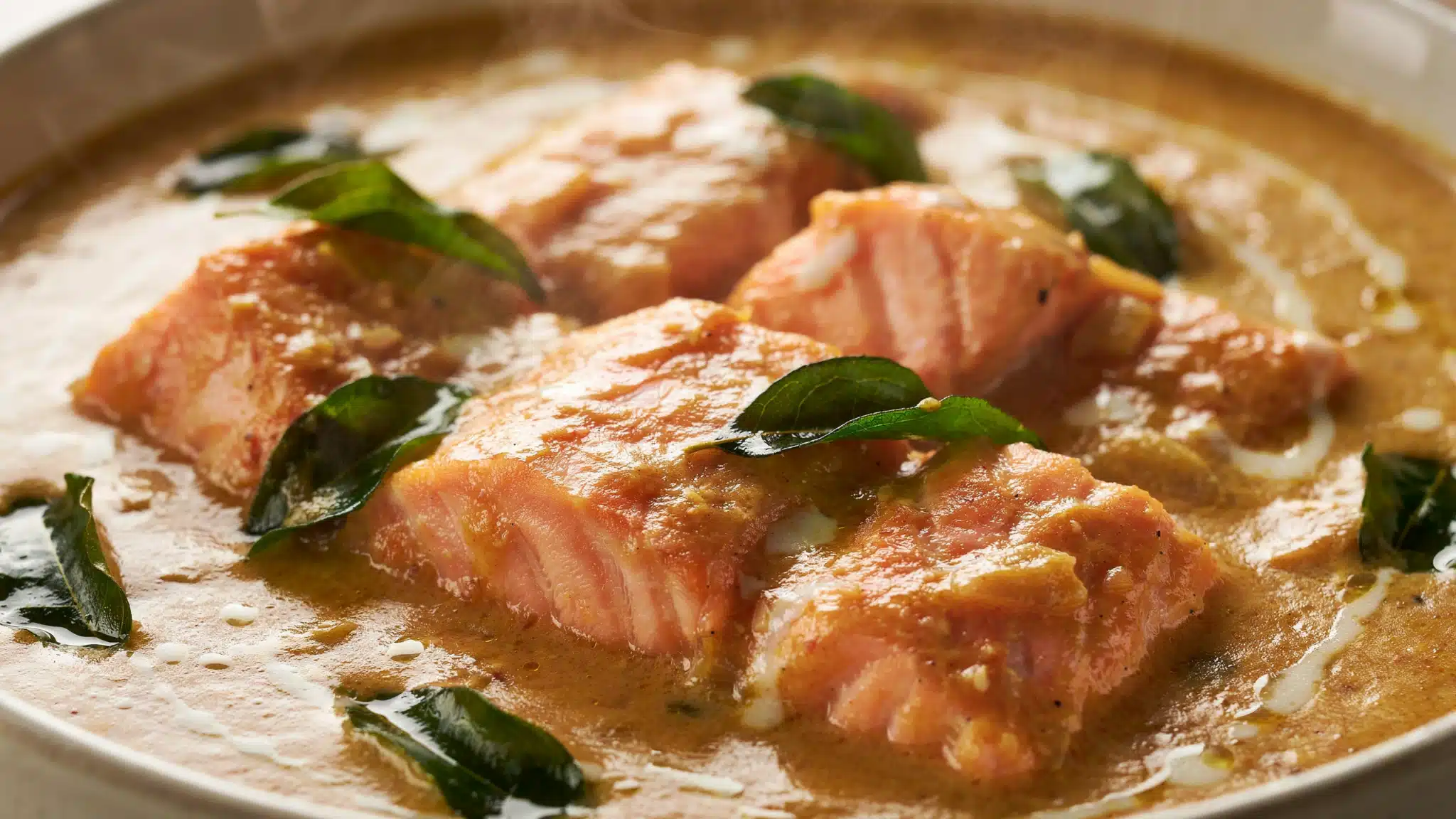 Salmon pieces simmering in creamy curry sauce with fresh curry leaves