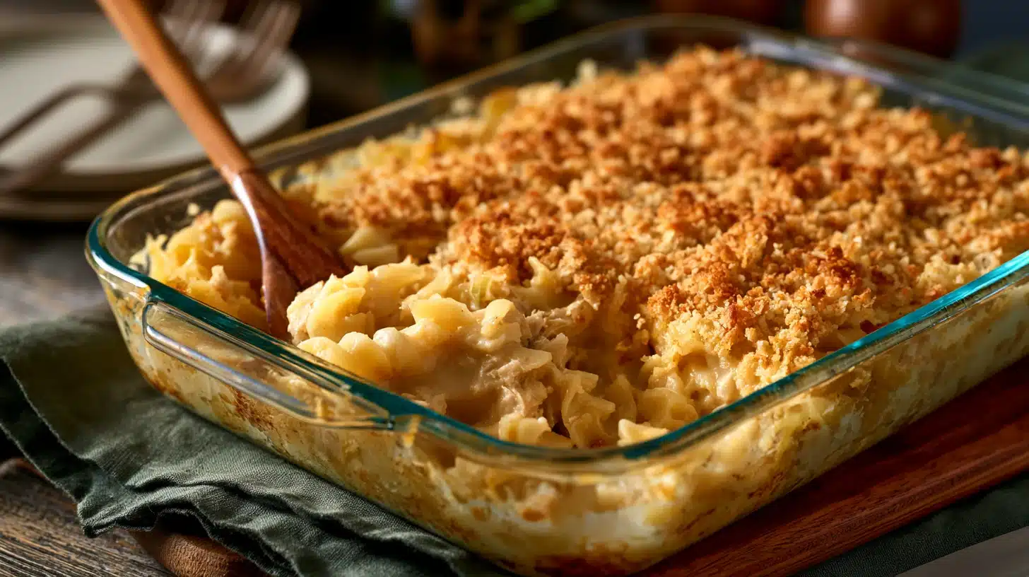Warm tuna noodle casserole with golden breadcrumb topping and a serving spoon resting in a clear glass baking dish