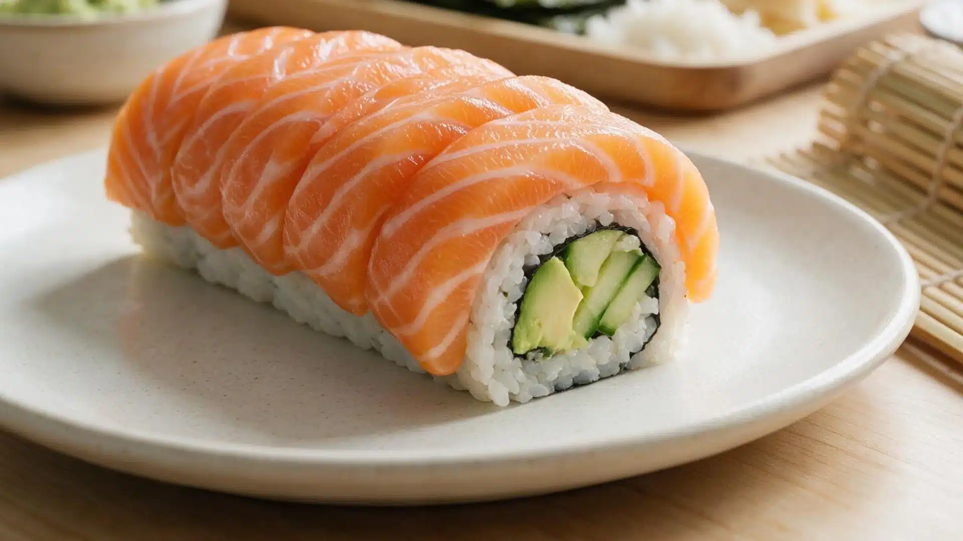 Fresh salmon slices layered over sushi roll with avocado cucumber rice and nori on a white plate in natural light