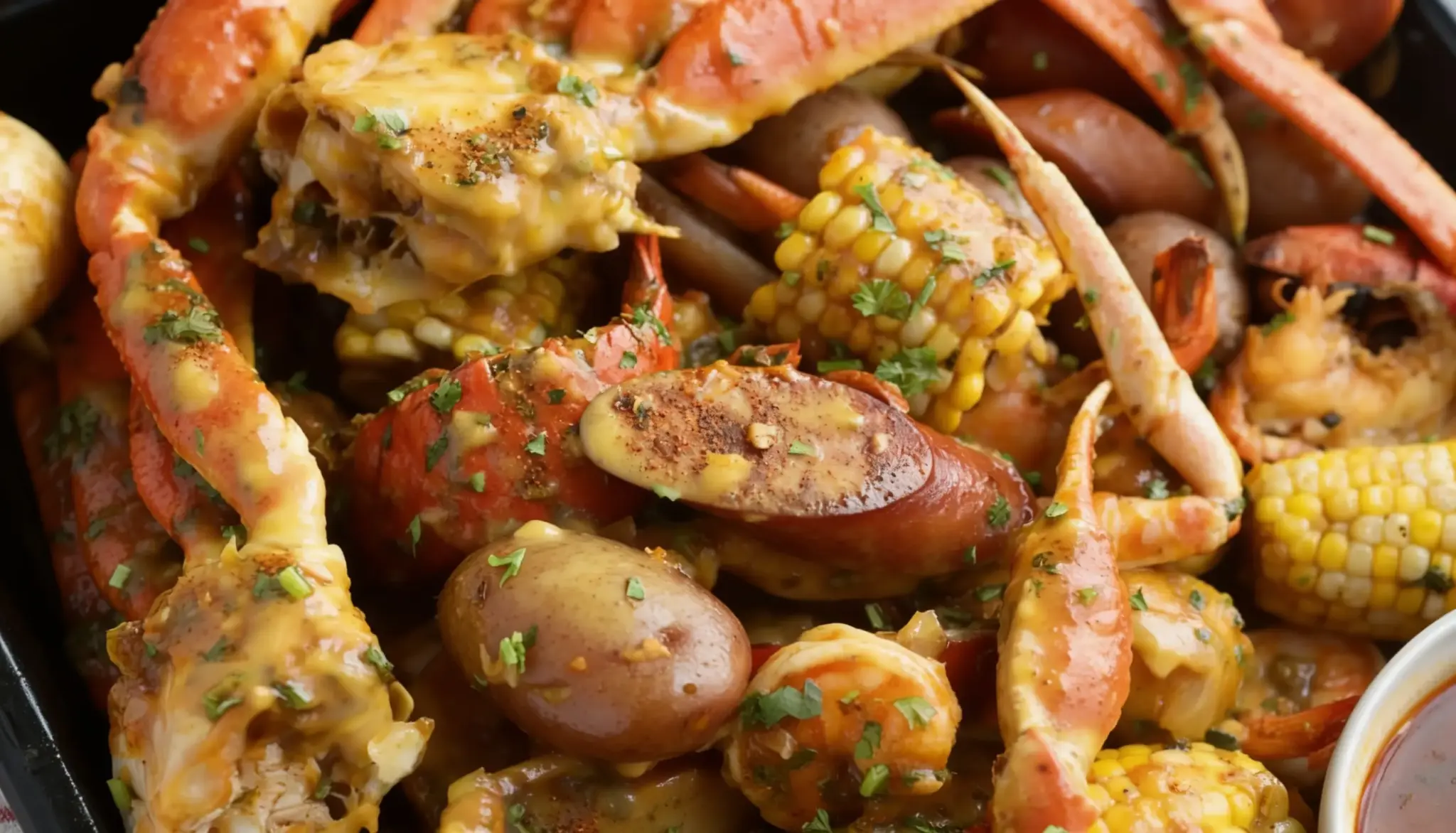 A tray featuring steamed crab legs corn on the cob and boiled potatoes arranged appetizingly.