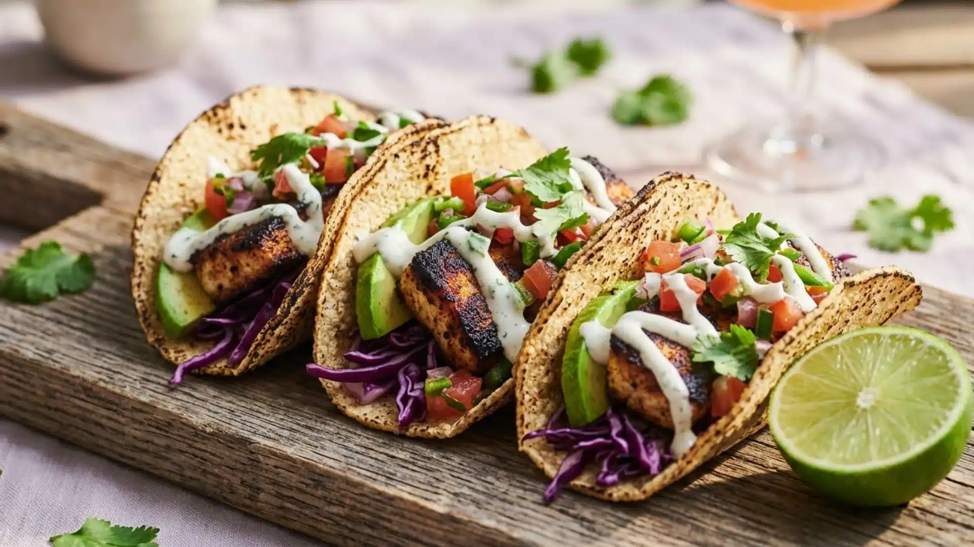Three piece of tortilla displaying fish pieces garnishes with cream and veggies.