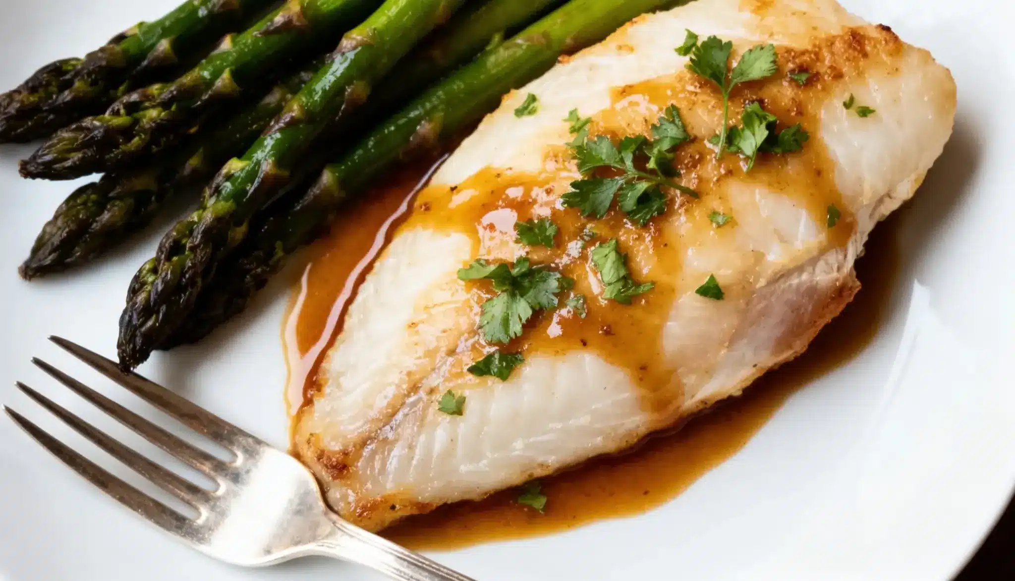 Two seasoned white fish fillets sprinkled with coarse salt and black pepper sit on a white plate.