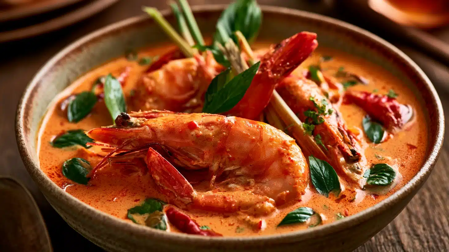 A bowl filled with Thai coconut prawn curry, showcasing shrimp and herbs.