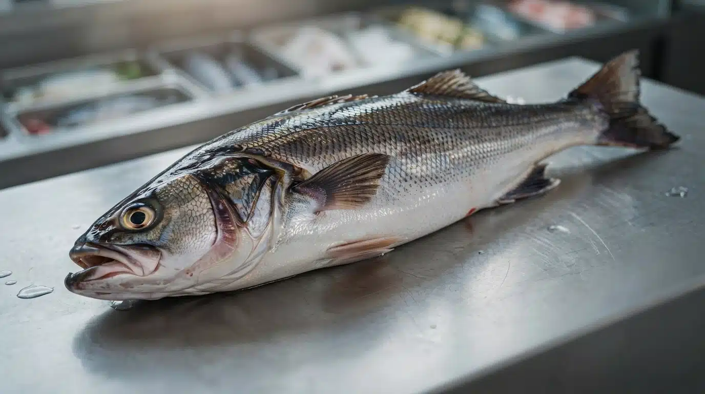 A whole fish displayed on a counter in a restaurant, showcasing its fresh appearance and vibrant colors.