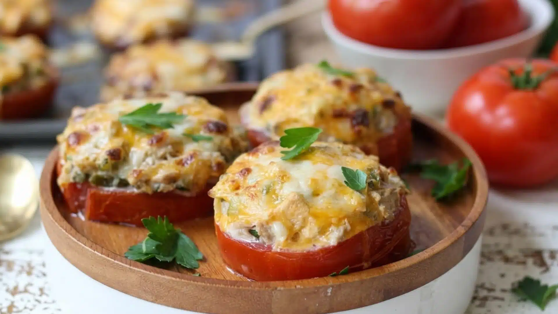 Tomato slices topped with melted cheese and herbs on a wooden plate.