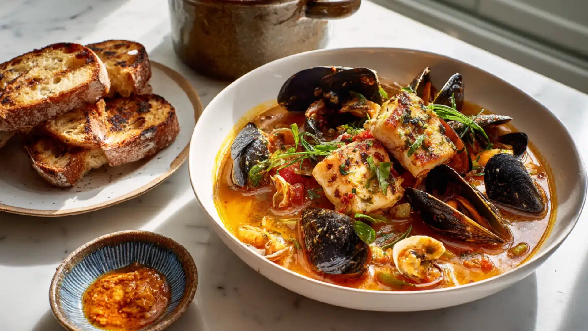 A bowl of traditional bouillabaisse made in Marseille style served with crusty bread and rouille.