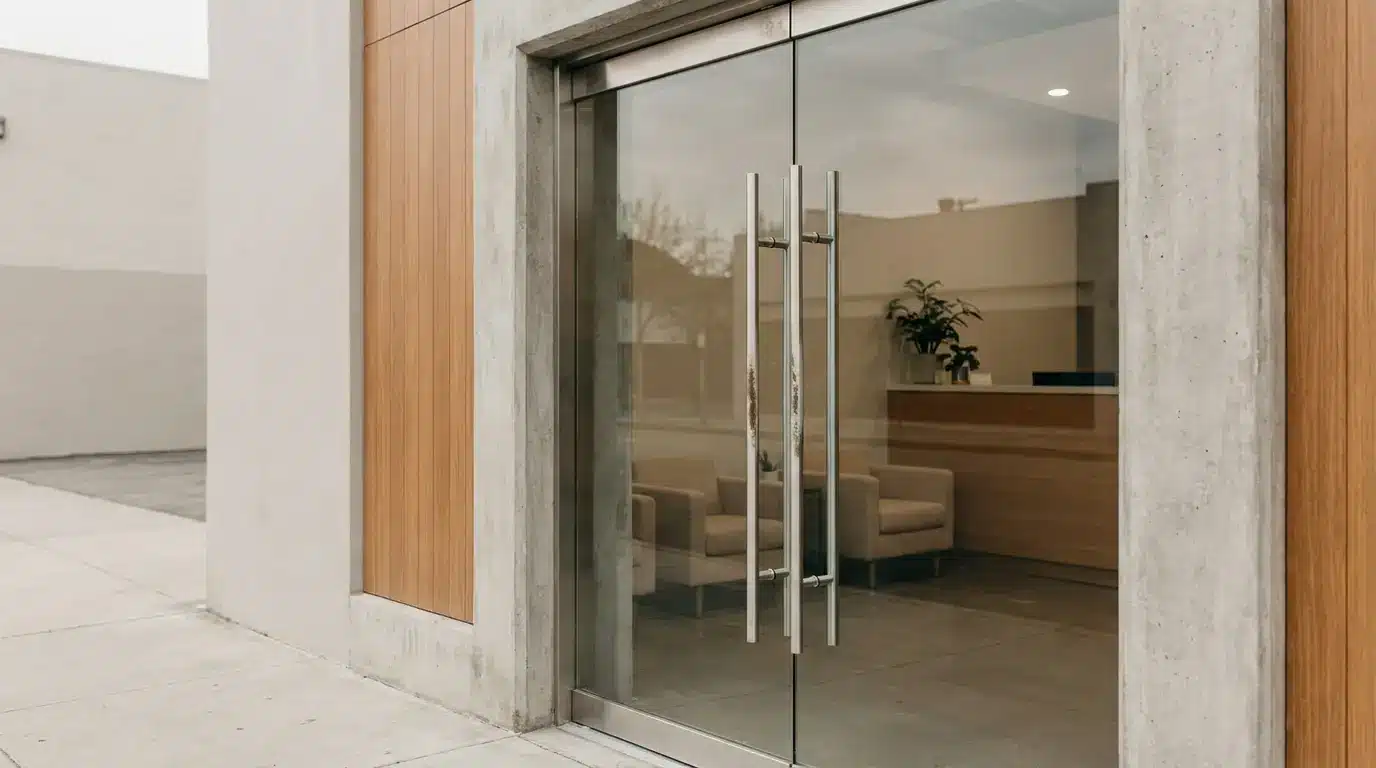 Glass entrance door with metallic handles and indoor lobby featuring beige chairs and potted plant