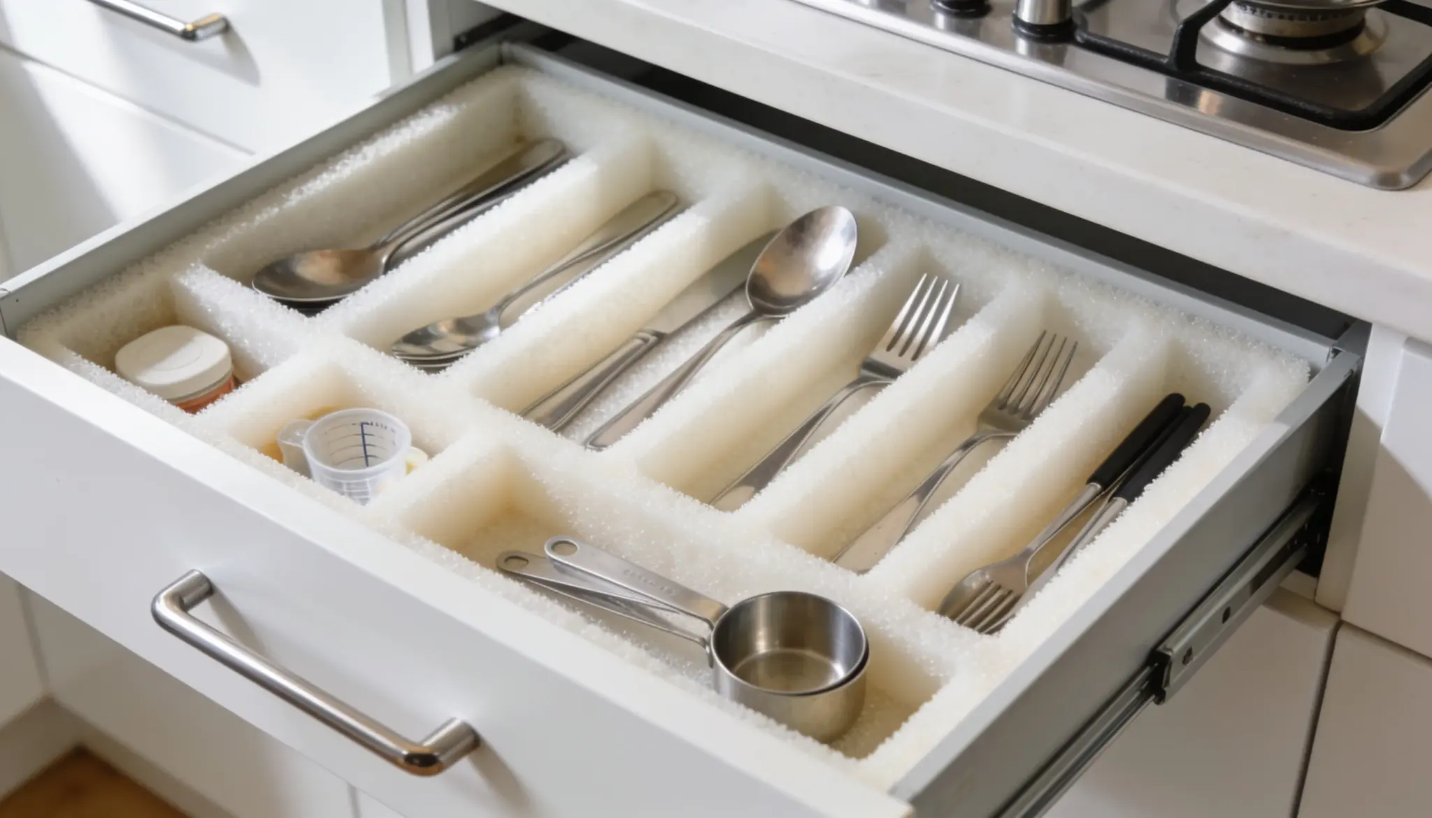 A wooden drawer filled with various kitchen utensils, including spoons, forks, and knives, neatly organized.