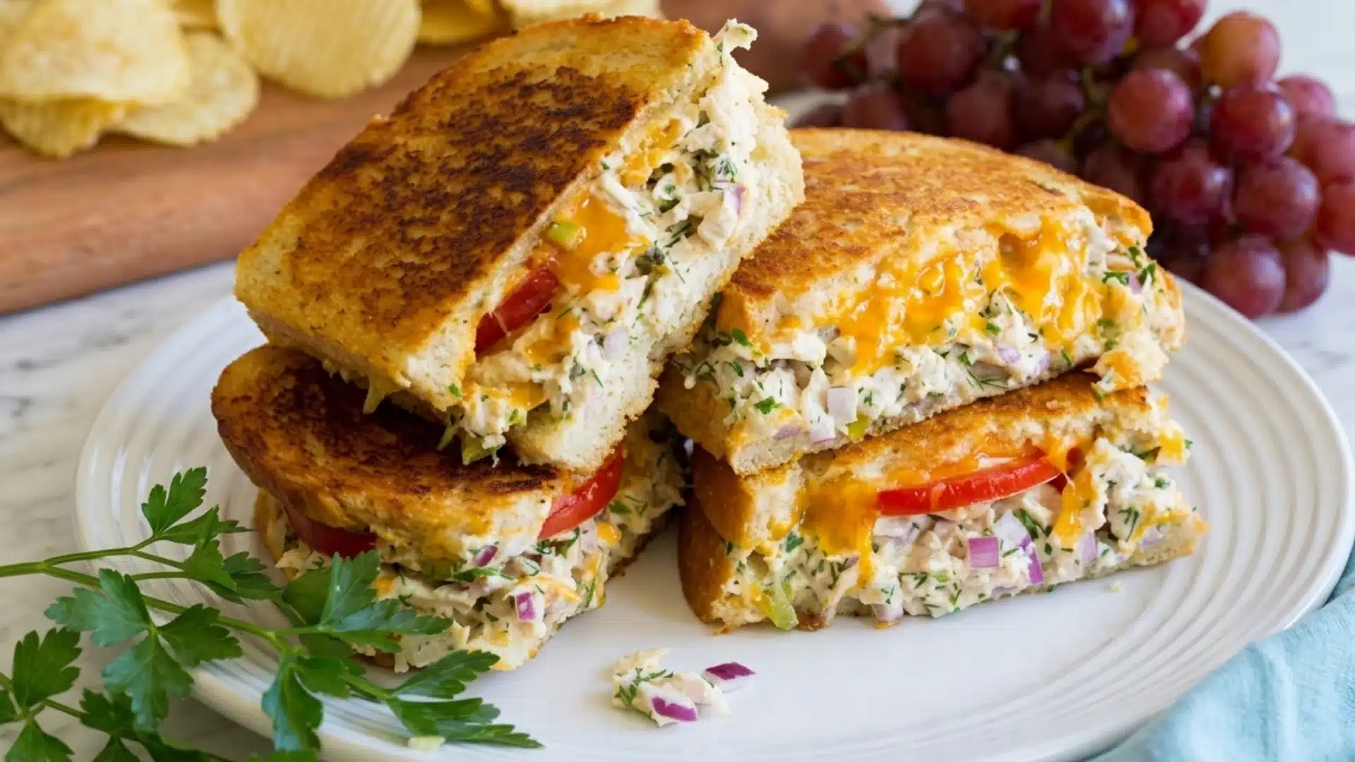A close-up of a tuna melt on a white plate, highlighting the ingredients and presentation.