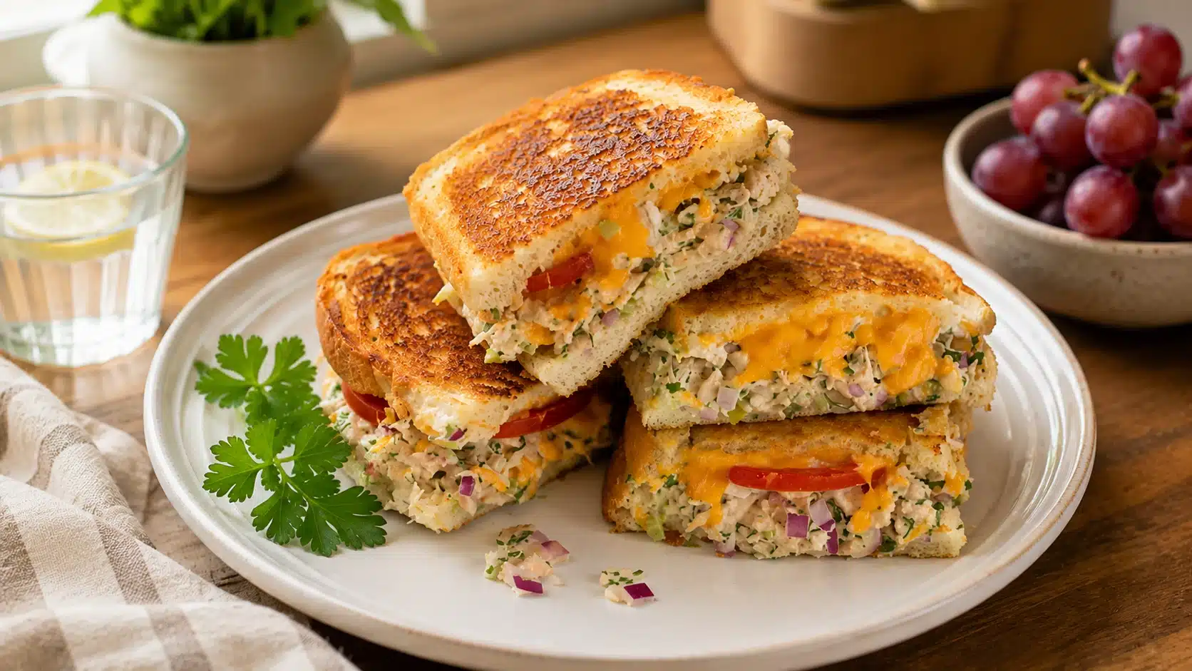 A plate featuring two golden-brown grilled tuna melt cheese sandwiches, cut diagonally and garnished with parsley.