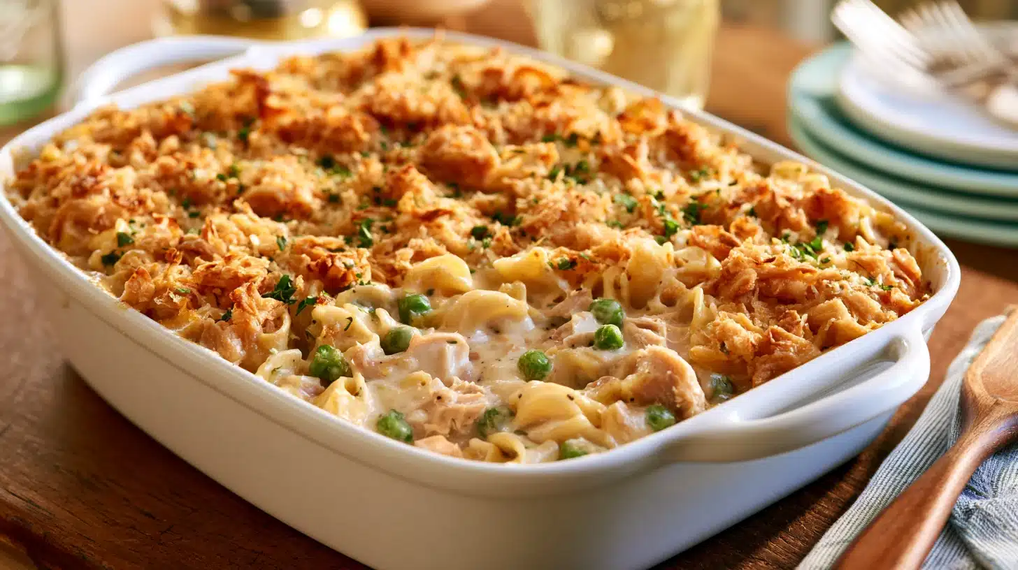 Homemade tuna noodle casserole with creamy egg noodles tuna peas and a crispy golden topping ready to serve warm