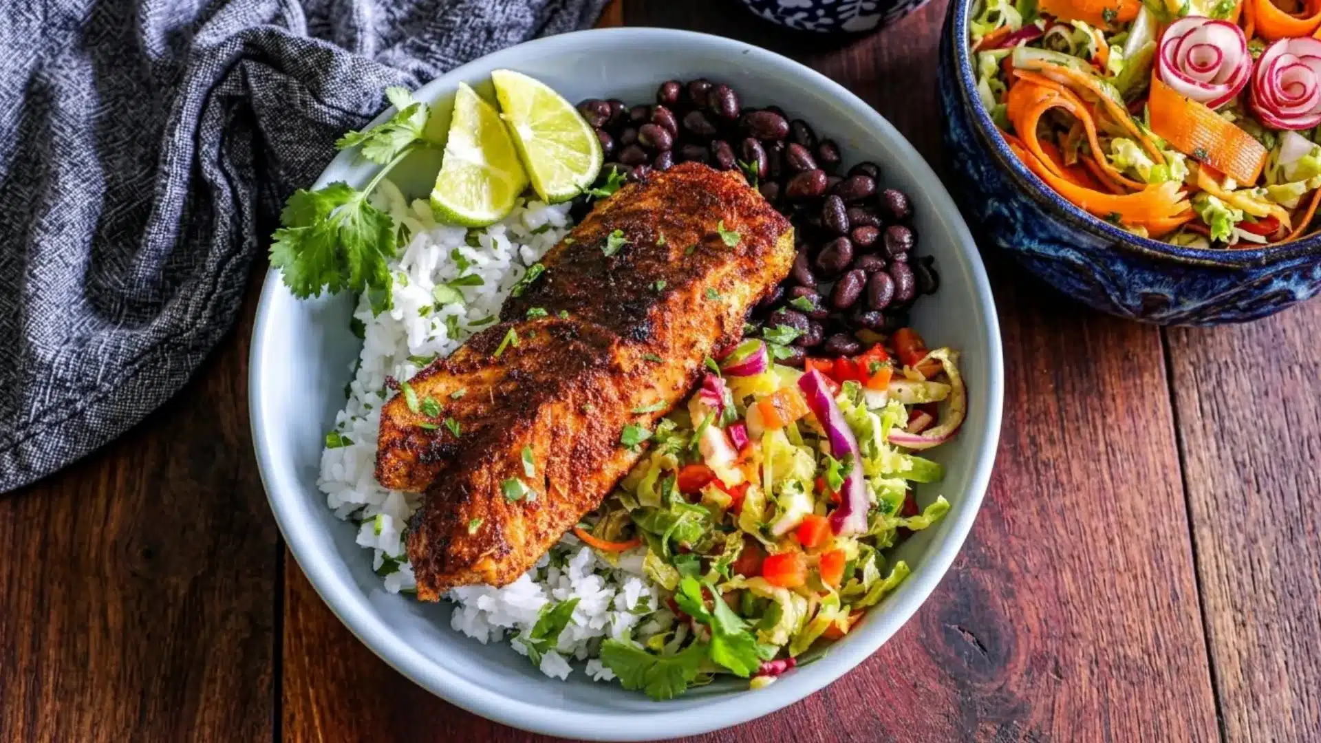 A bowl showing a piece of fish piece with beans and salad on sides garnished with some lemon.
