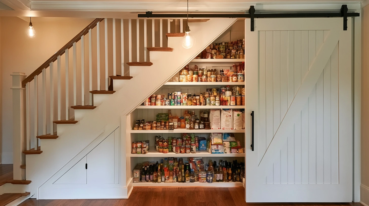 Under stair pantry with white shelves packed with jars cans bags and bottles hidden behind a large sliding barn door