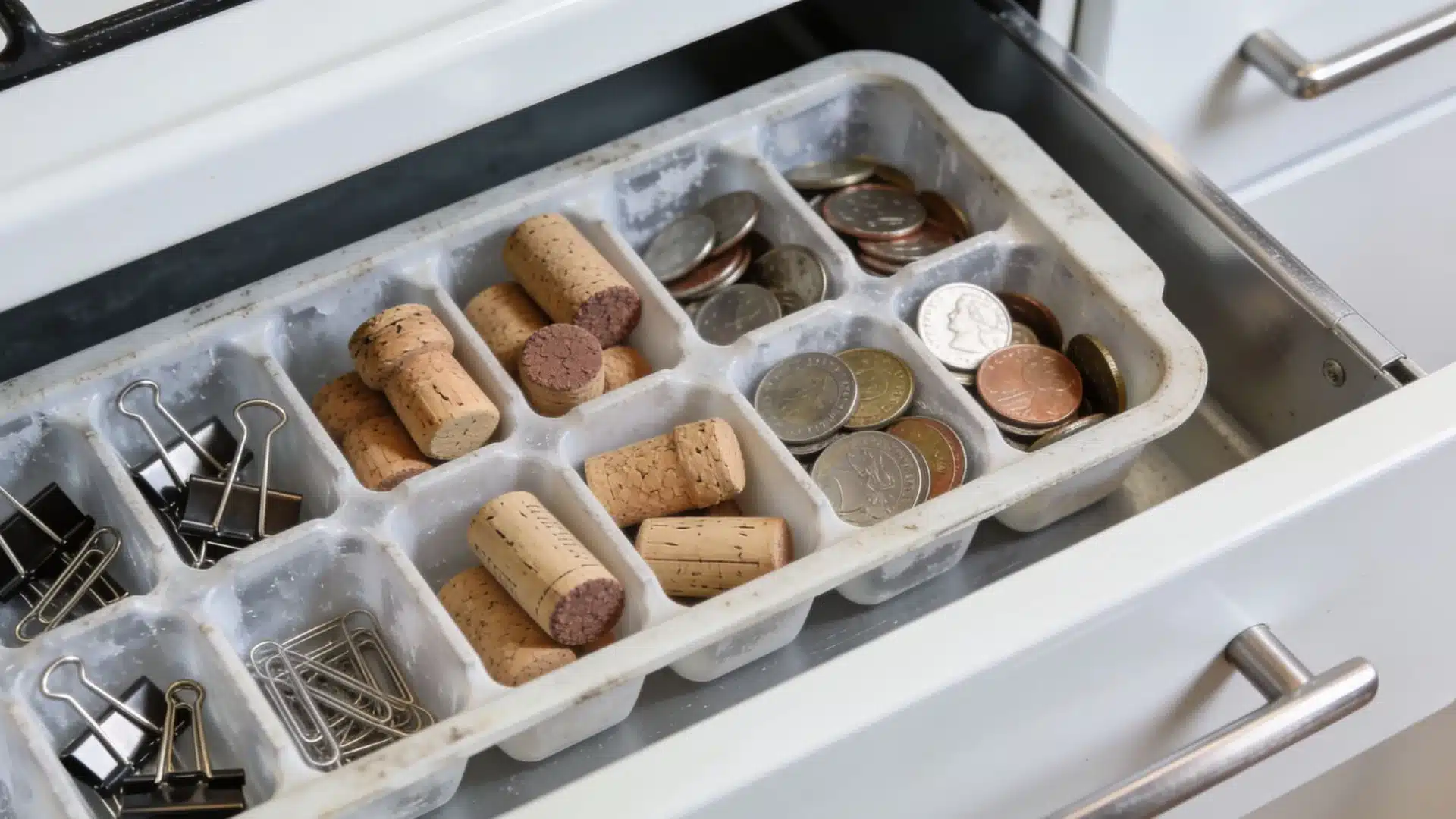 An ice cube tray organizes coins, corks, binder clips, and paper clips in an open drawer.
