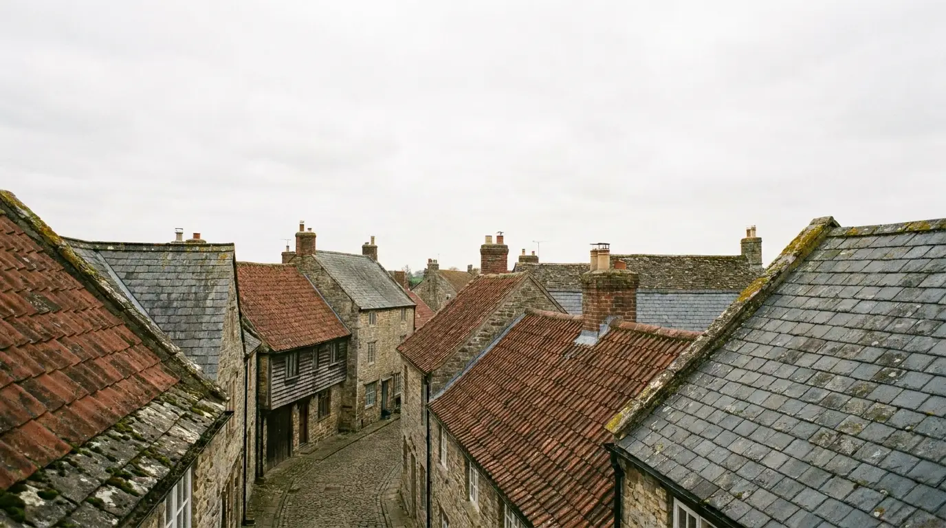 Stone houses with moss-covered red and gray tiled roofs in a rustic village setting
