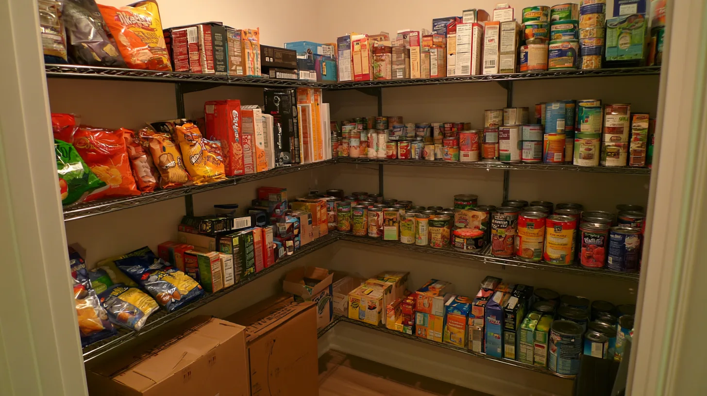 Walk in pantry with black wire shelves packed with canned goods snack bags boxes and everyday food storage supplies