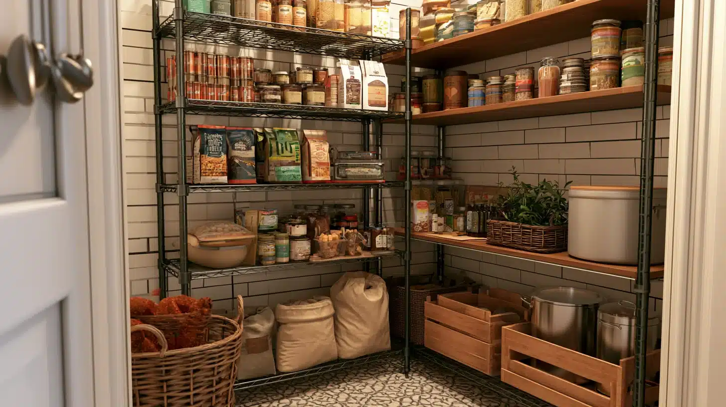 Walk in pantry with metal and wooden shelves holding jars bags baskets containers and bulk kitchen food supplies